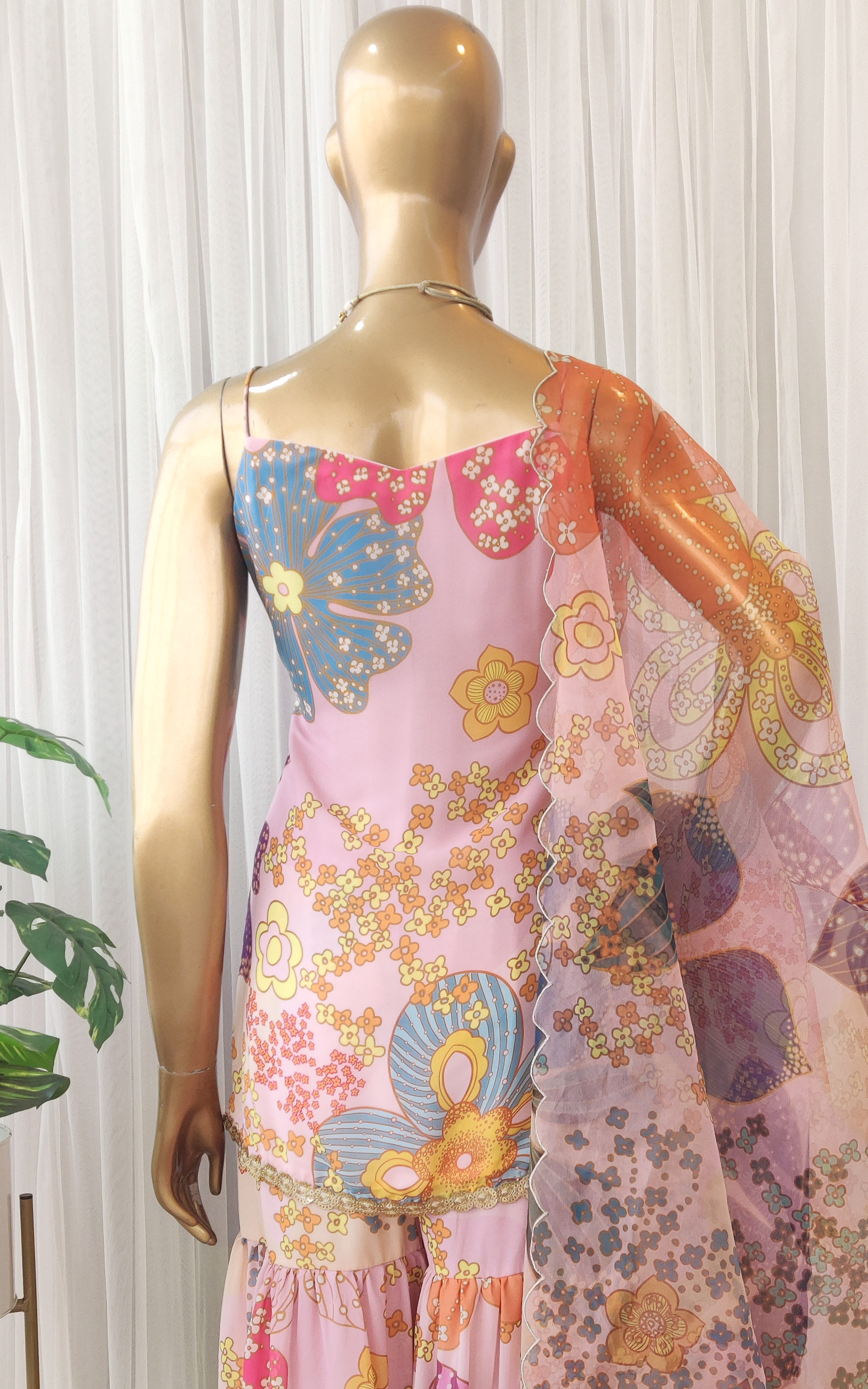 Vintage Pink Multicolor Floral Print Georgette Sharara Set