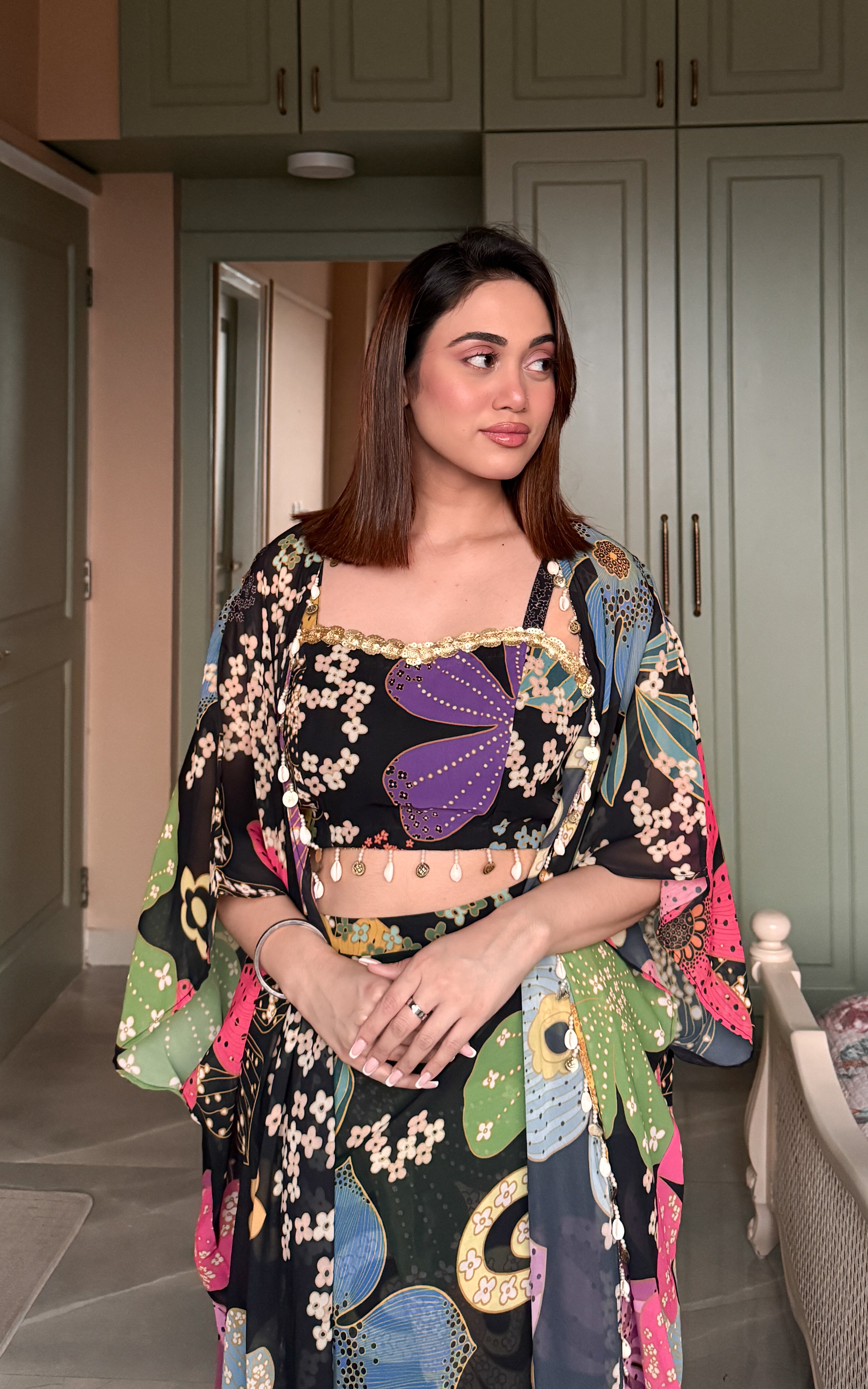 Ishita Black Floral Multicolor Crop Top & Draped Skirt Co-ord Set