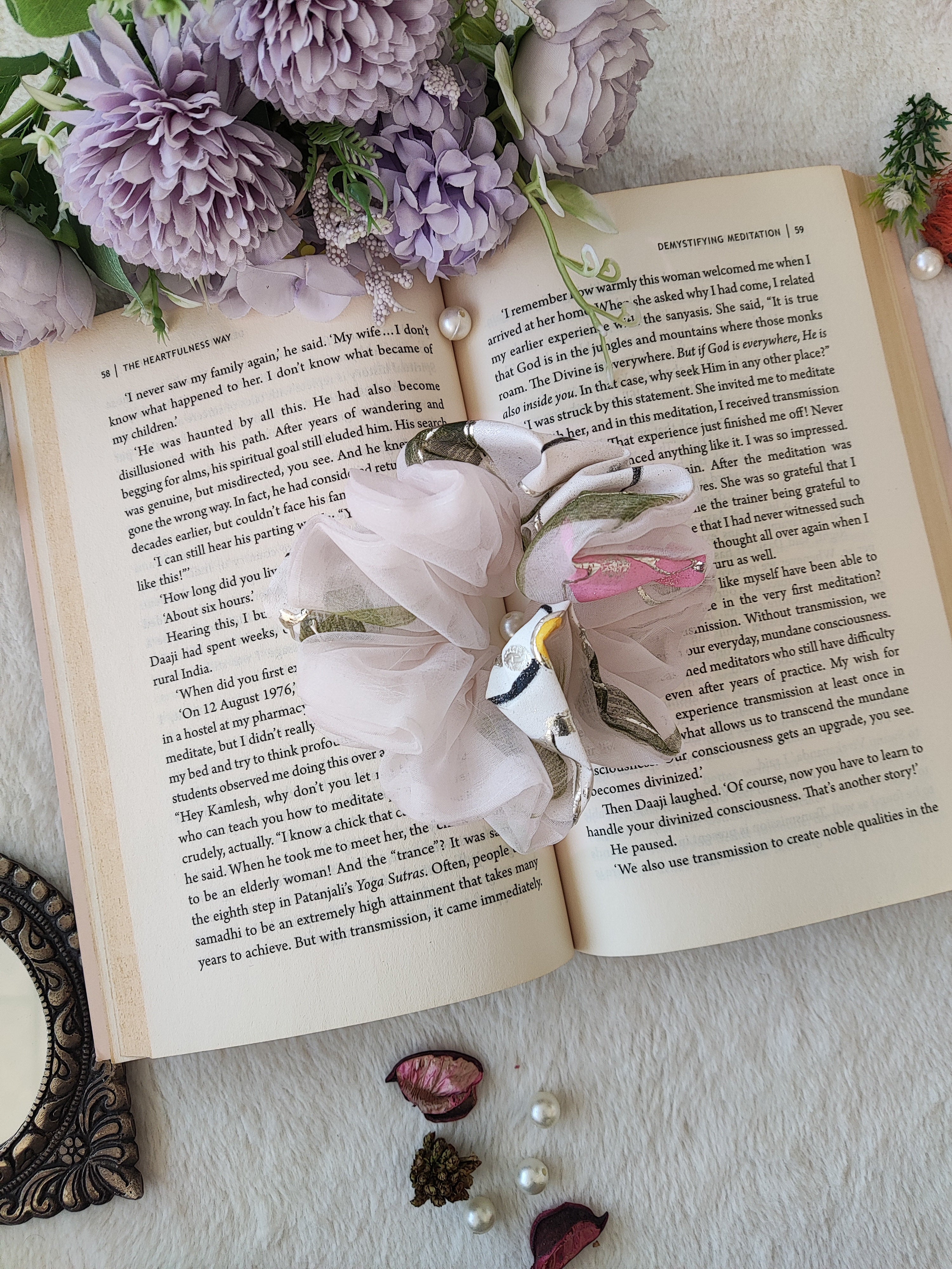 Blush Pink Mustard Bandhej Pink Organza Scrunchies