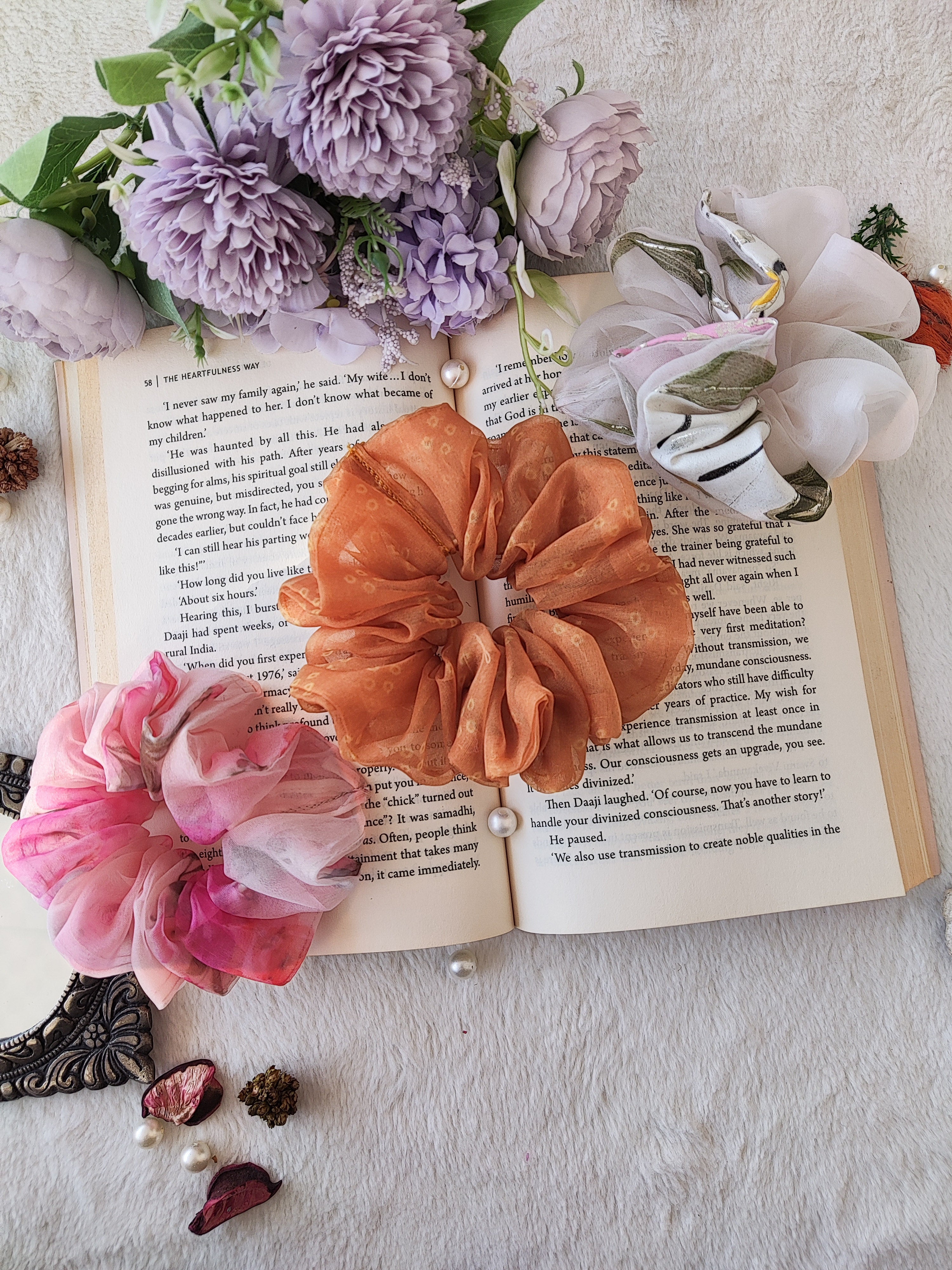 Blush Pink Mustard Bandhej Pink Organza Scrunchies