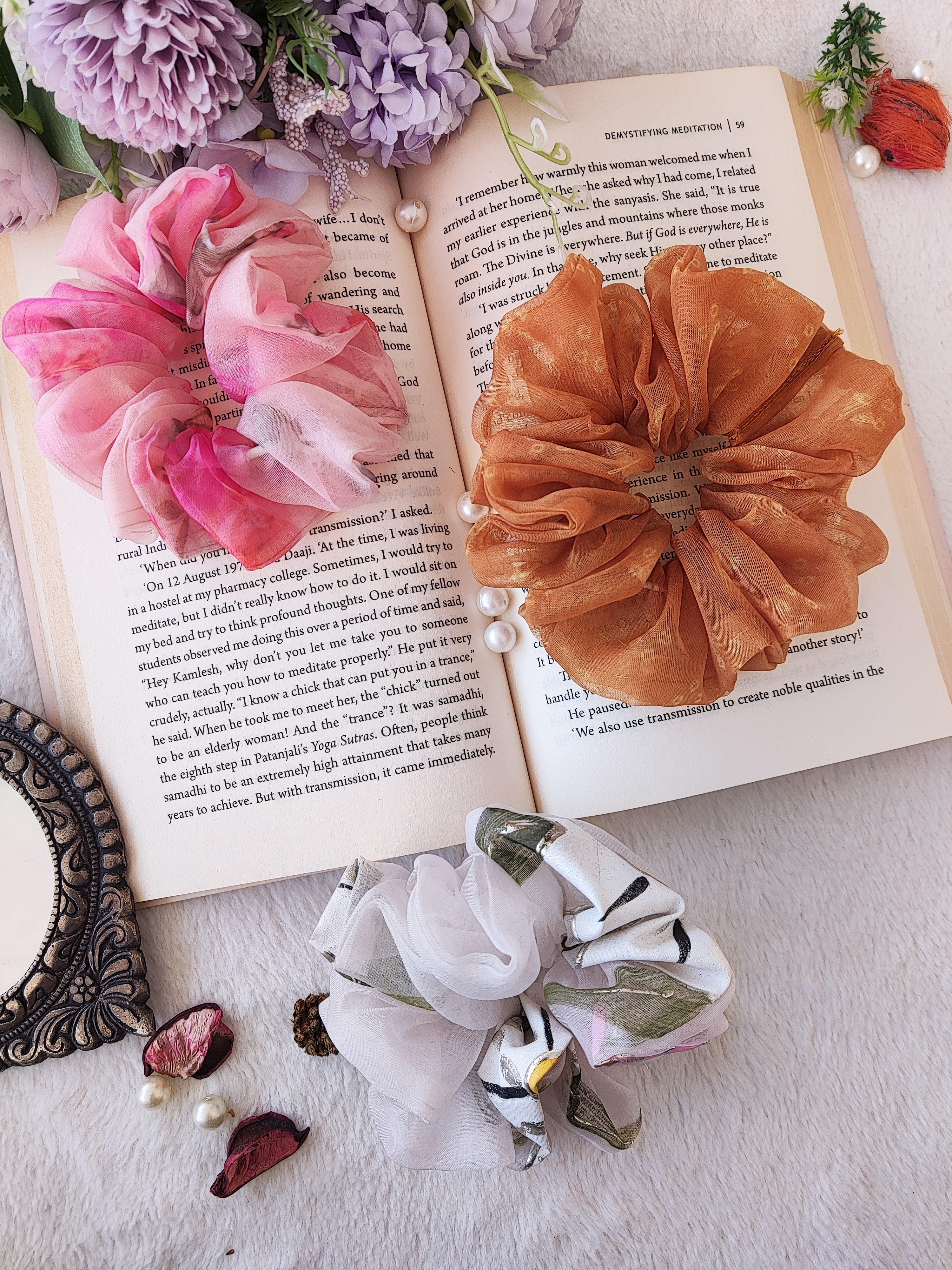 Blush Pink Mustard Bandhej Pink Organza Scrunchies