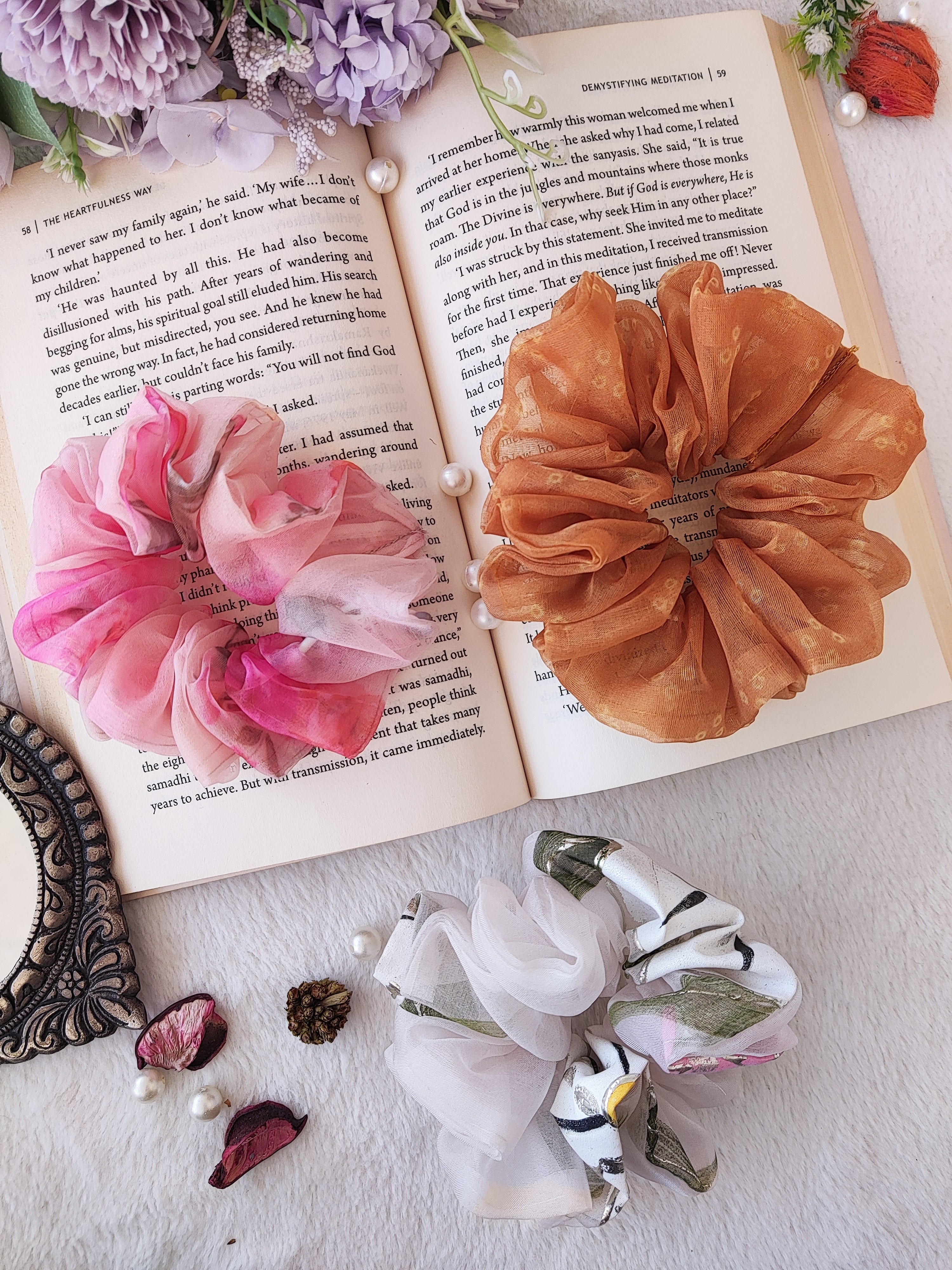 Blush Pink Mustard Bandhej Pink Organza Scrunchies