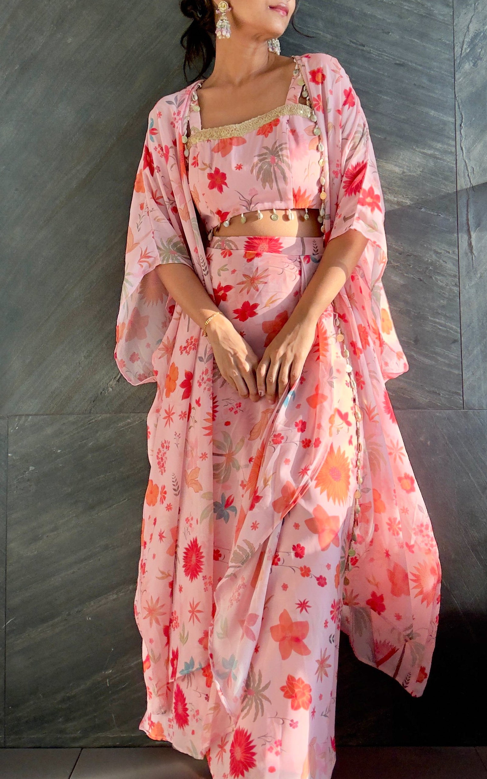Pink Tropical Crop Top & Draped Skirt Co-Ord Set