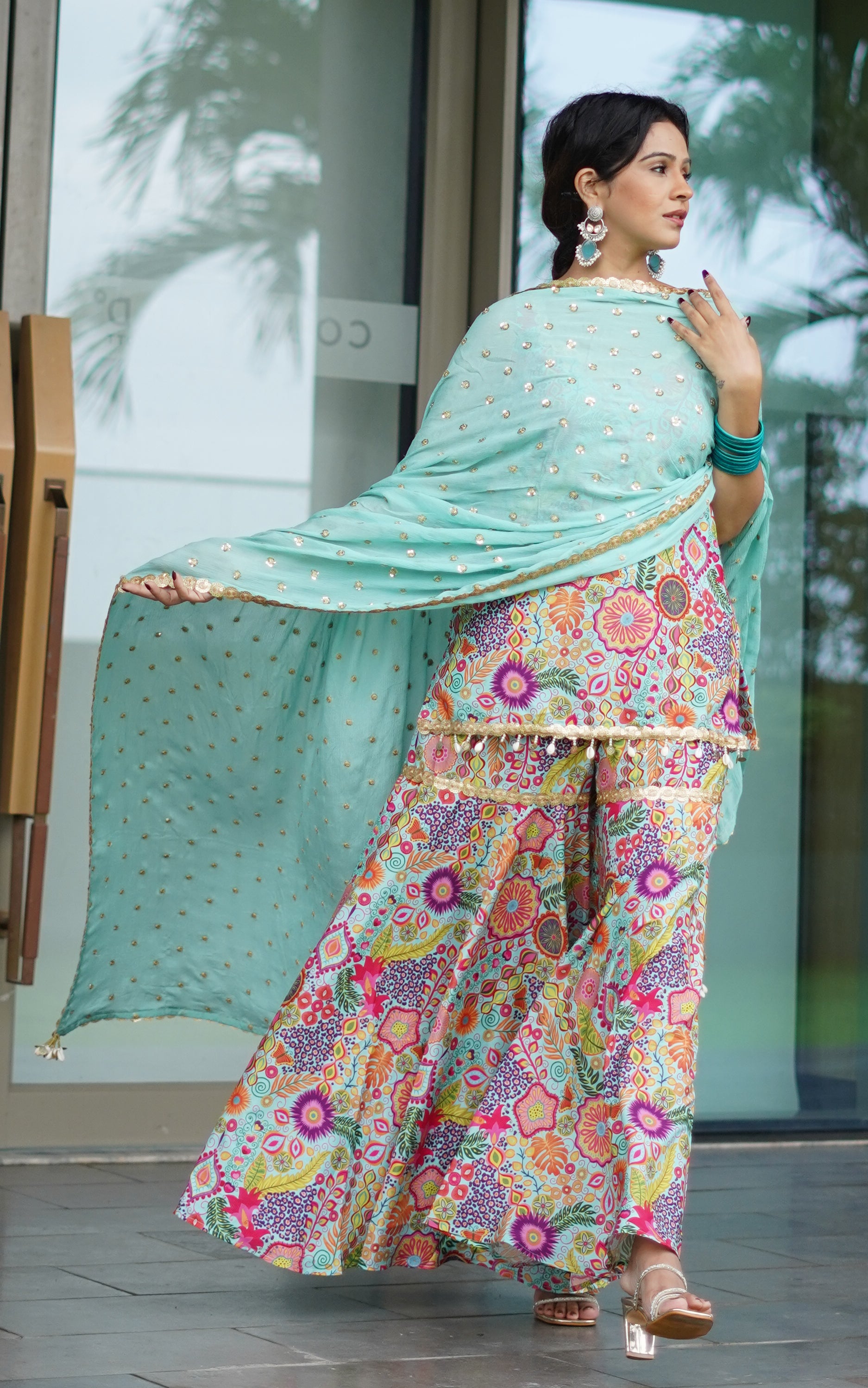 Fenil Umrigar Turquoise Kitschy Printed Crepe Sharara Set