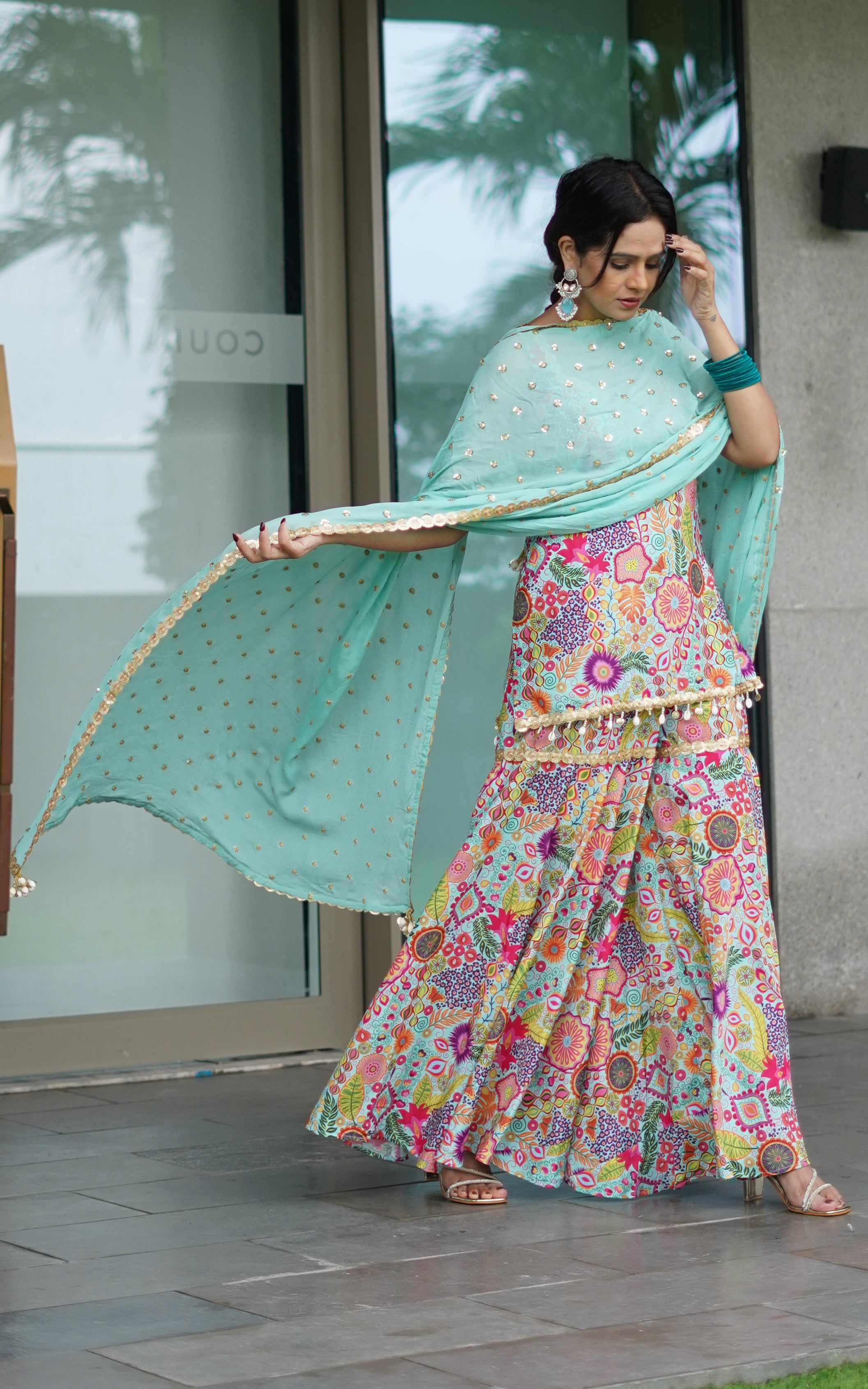 Fenil Umrigar Turquoise Kitschy Printed Crepe Sharara Set