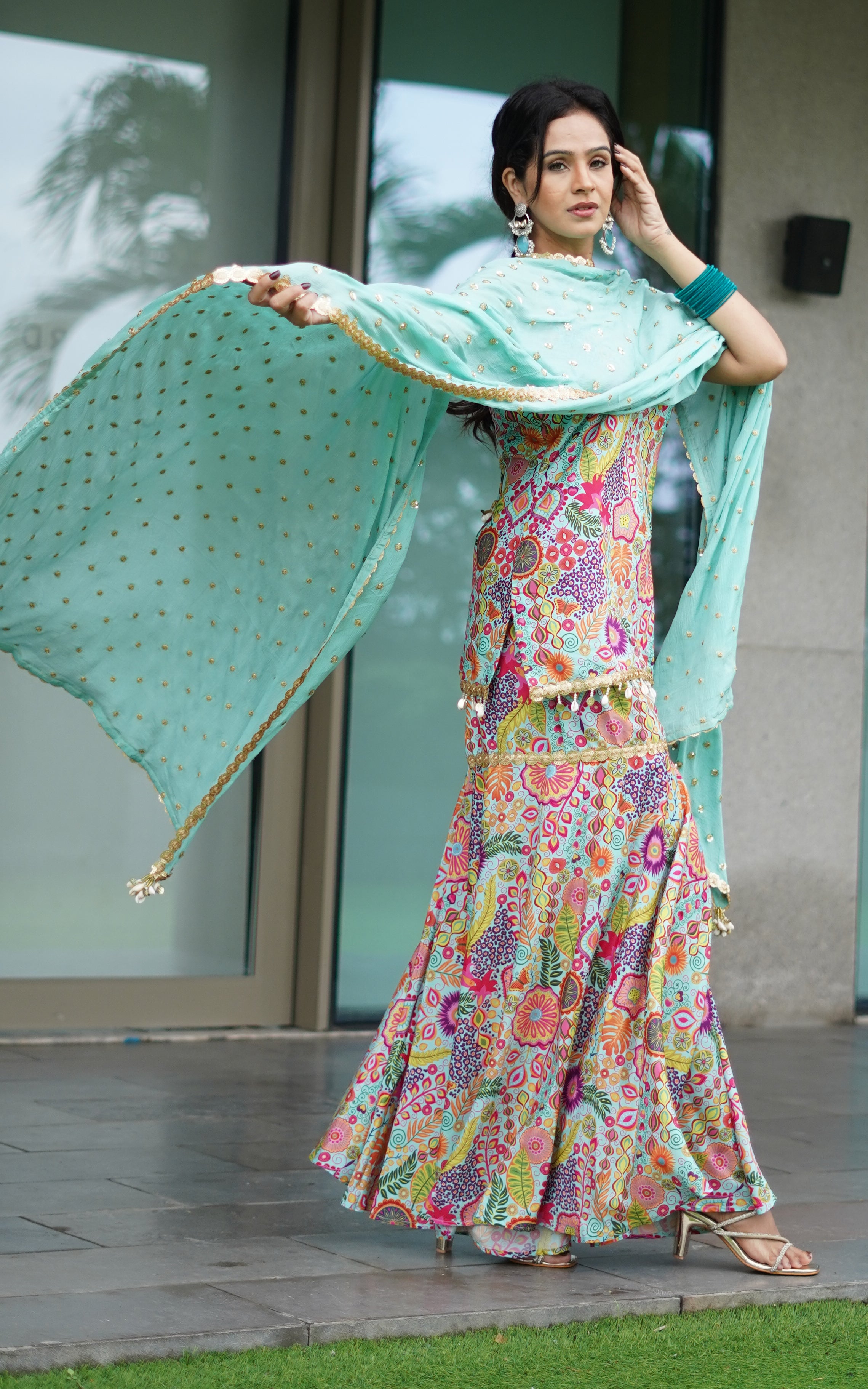 Fenil Umrigar Turquoise Kitschy Printed Crepe Sharara Set