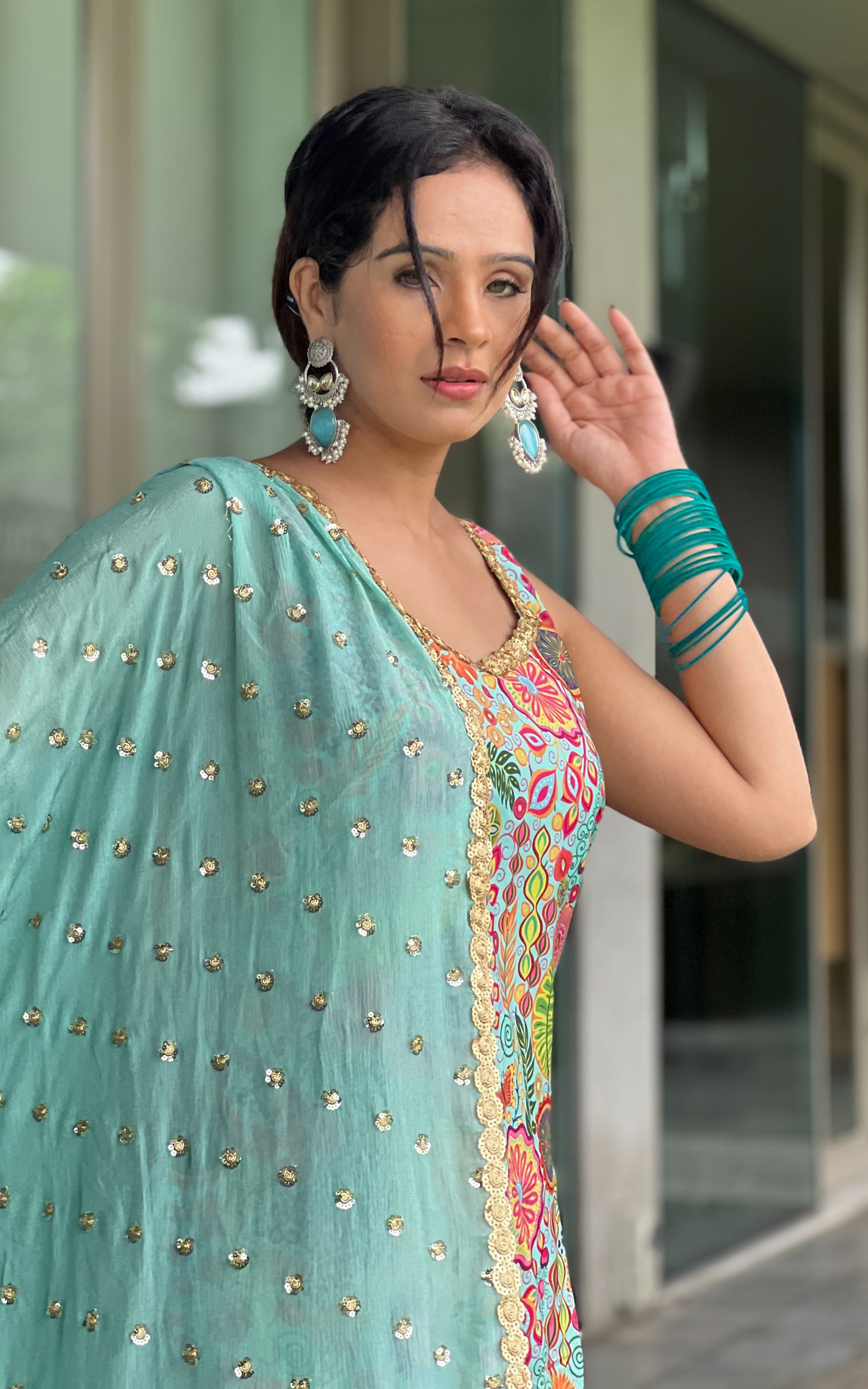 Fenil Umrigar Turquoise Kitschy Printed Crepe Sharara Set