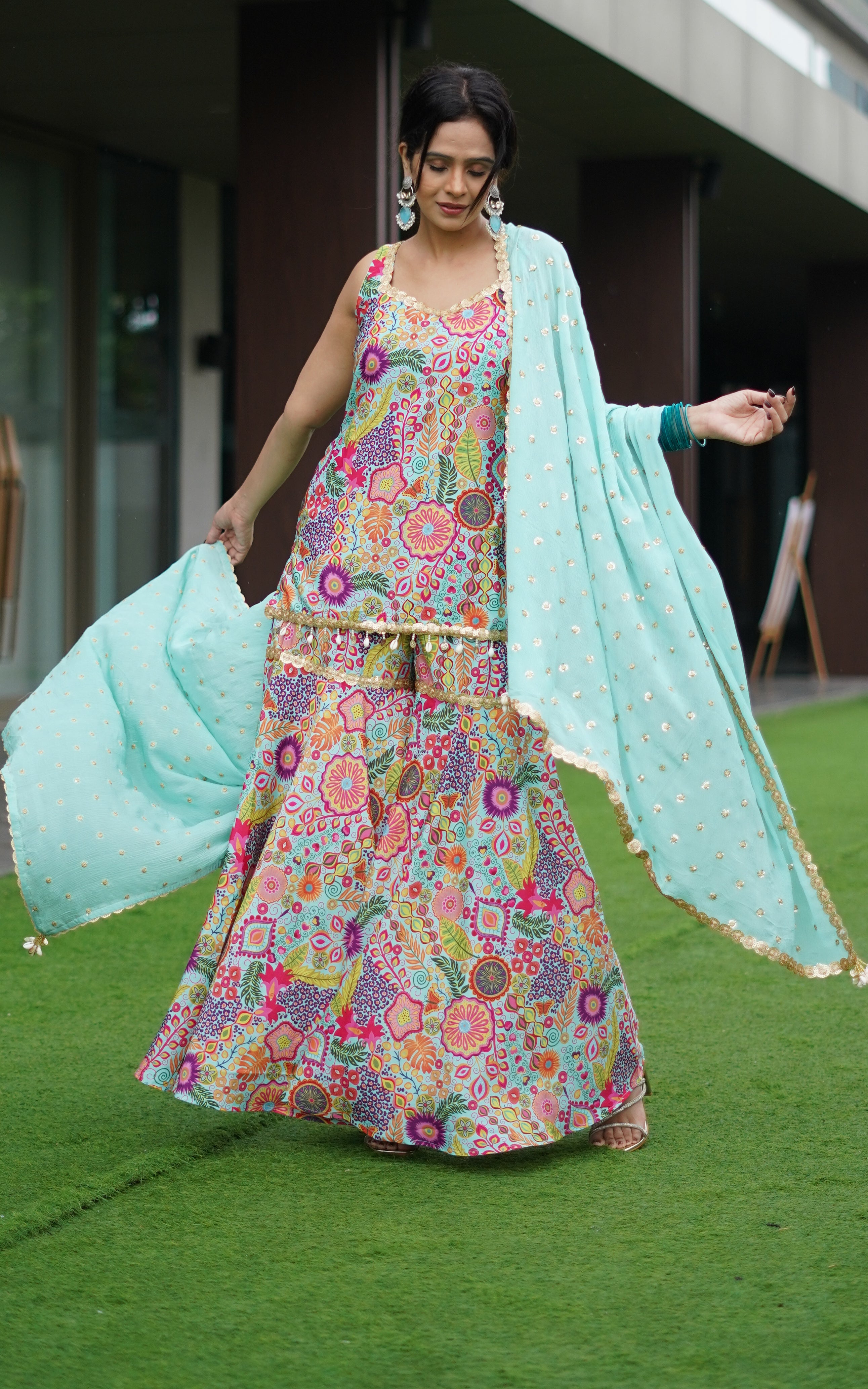 Fenil Umrigar Turquoise Kitschy Printed Crepe Sharara Set