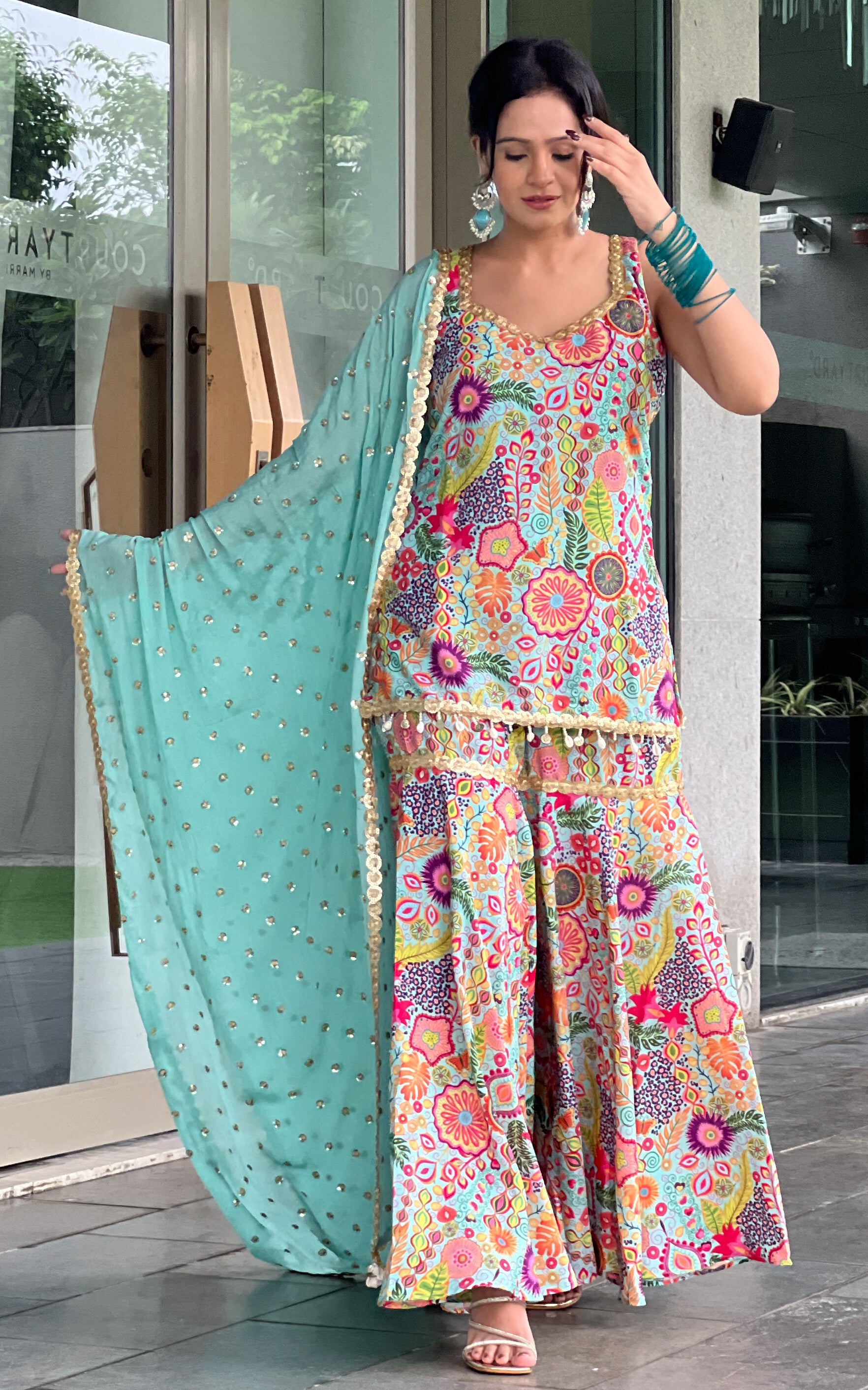 Fenil Umrigar Turquoise Kitschy Printed Crepe Sharara Set