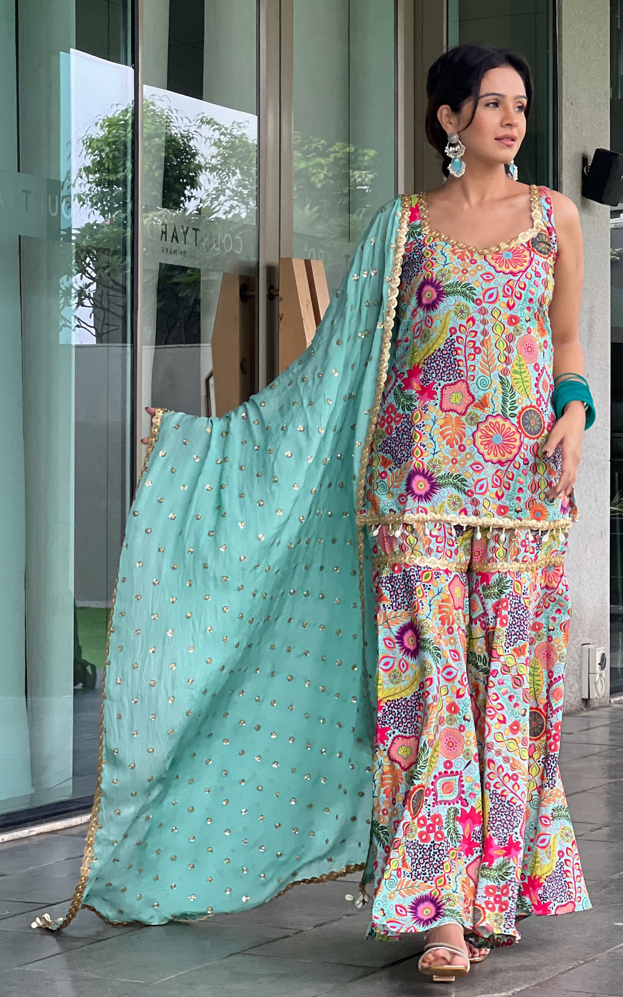 Fenil Umrigar Turquoise Kitschy Printed Crepe Sharara Set