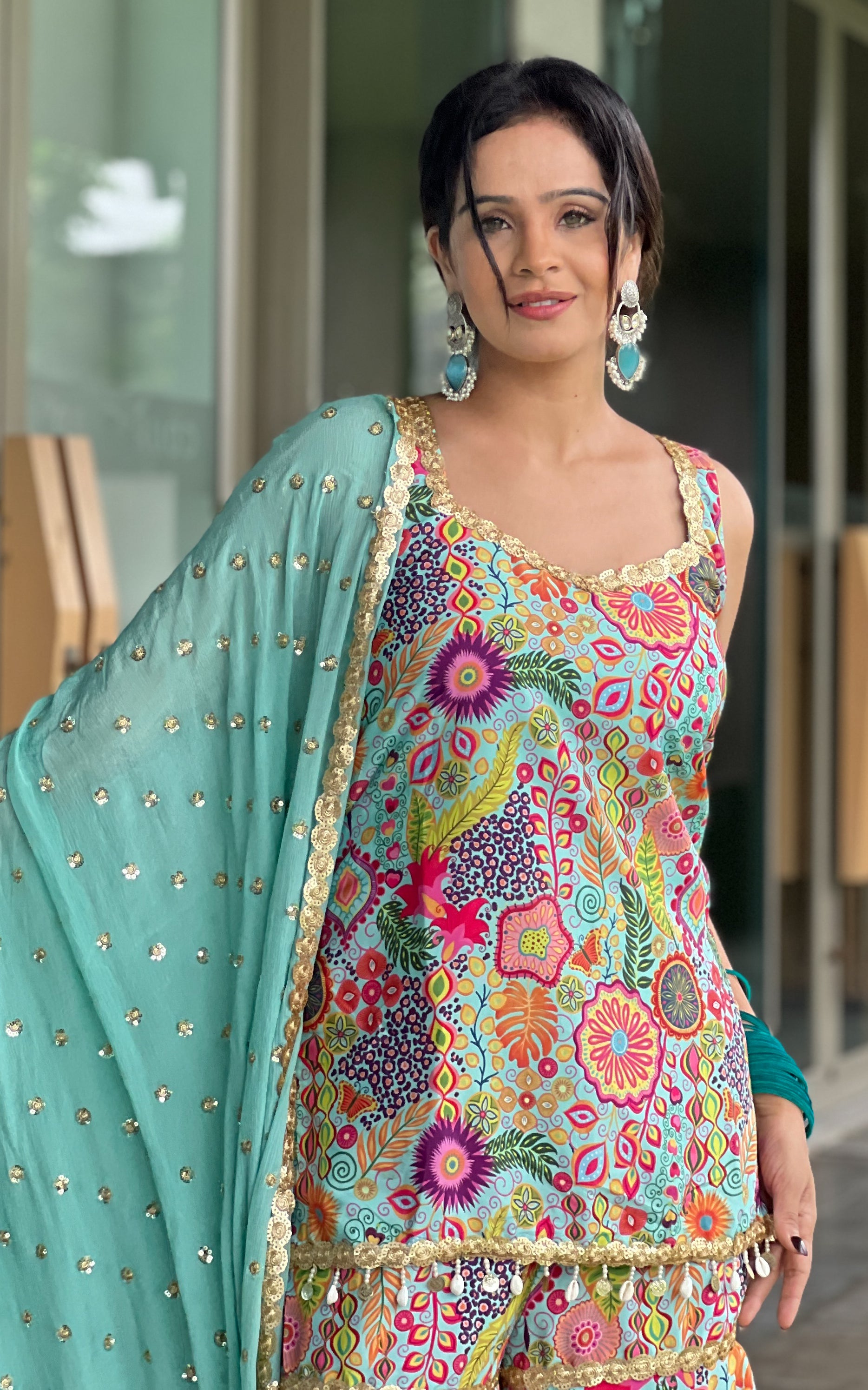 Fenil Umrigar Turquoise Kitschy Printed Crepe Sharara Set