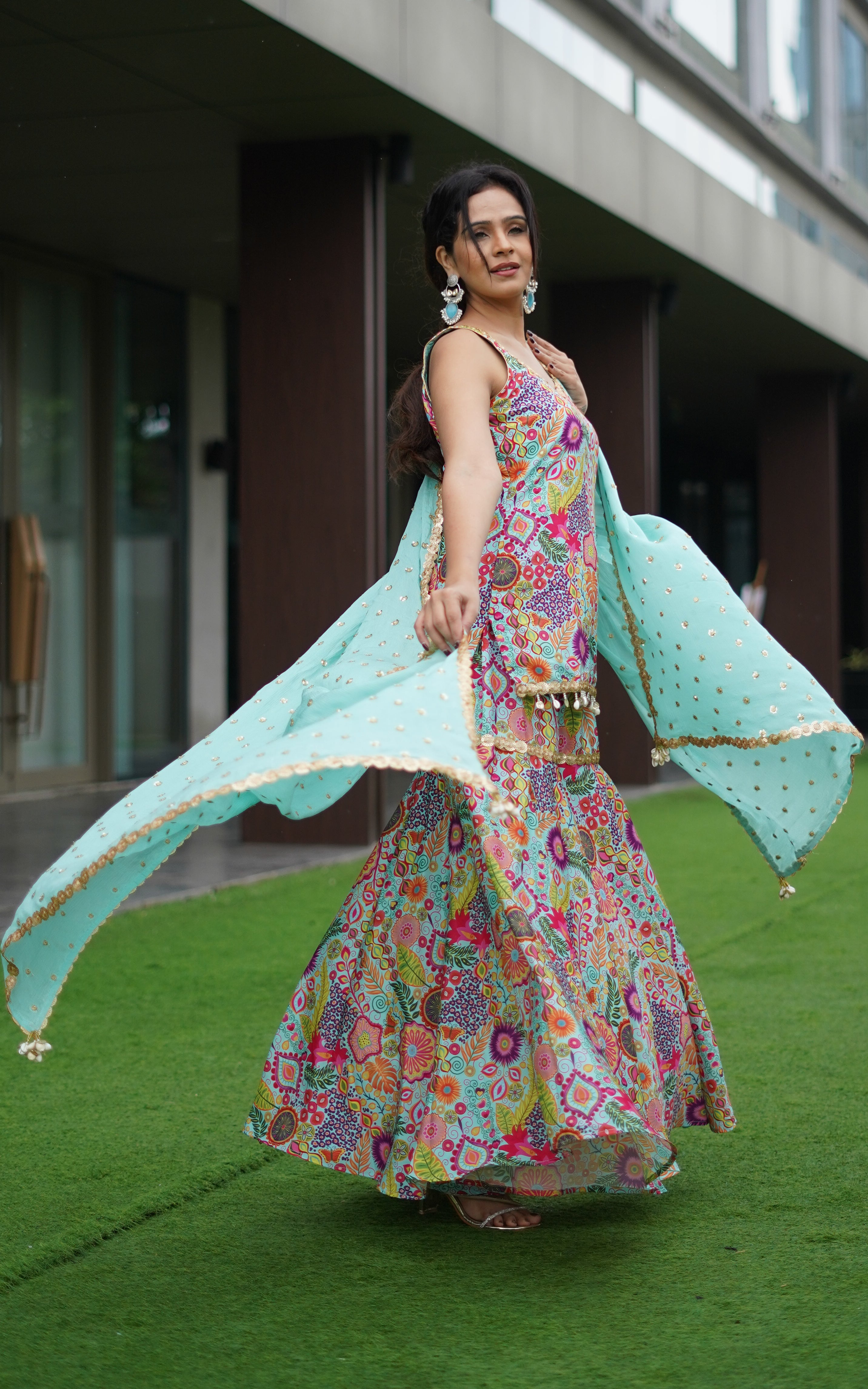 Fenil Umrigar Turquoise Kitschy Printed Crepe Sharara Set