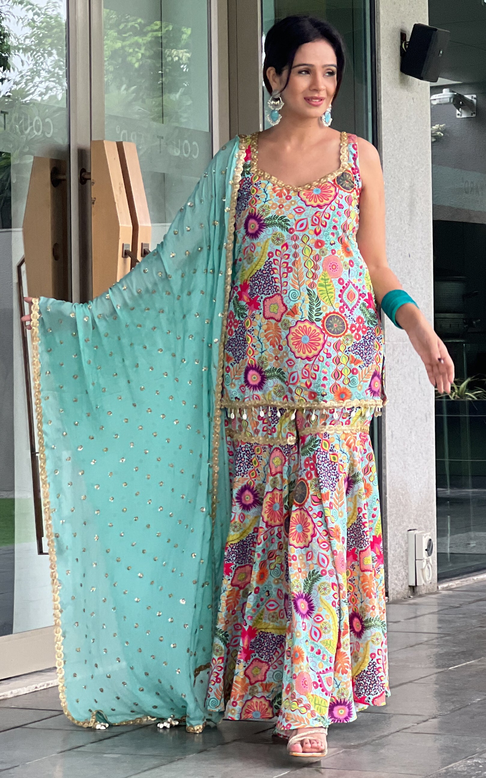 Fenil Umrigar Turquoise Kitschy Printed Crepe Sharara Set