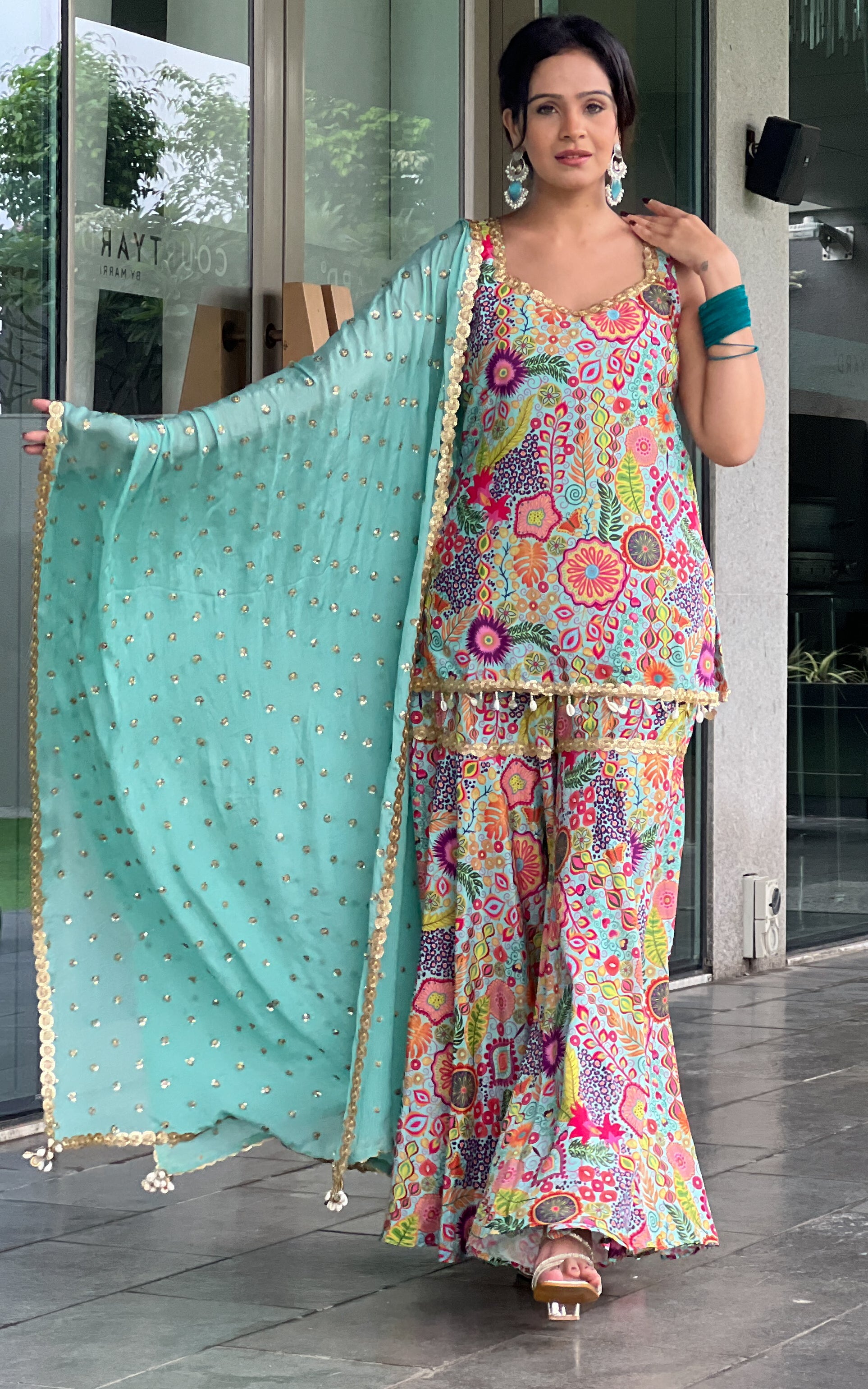 Fenil Umrigar Turquoise Kitschy Printed Crepe Sharara Set
