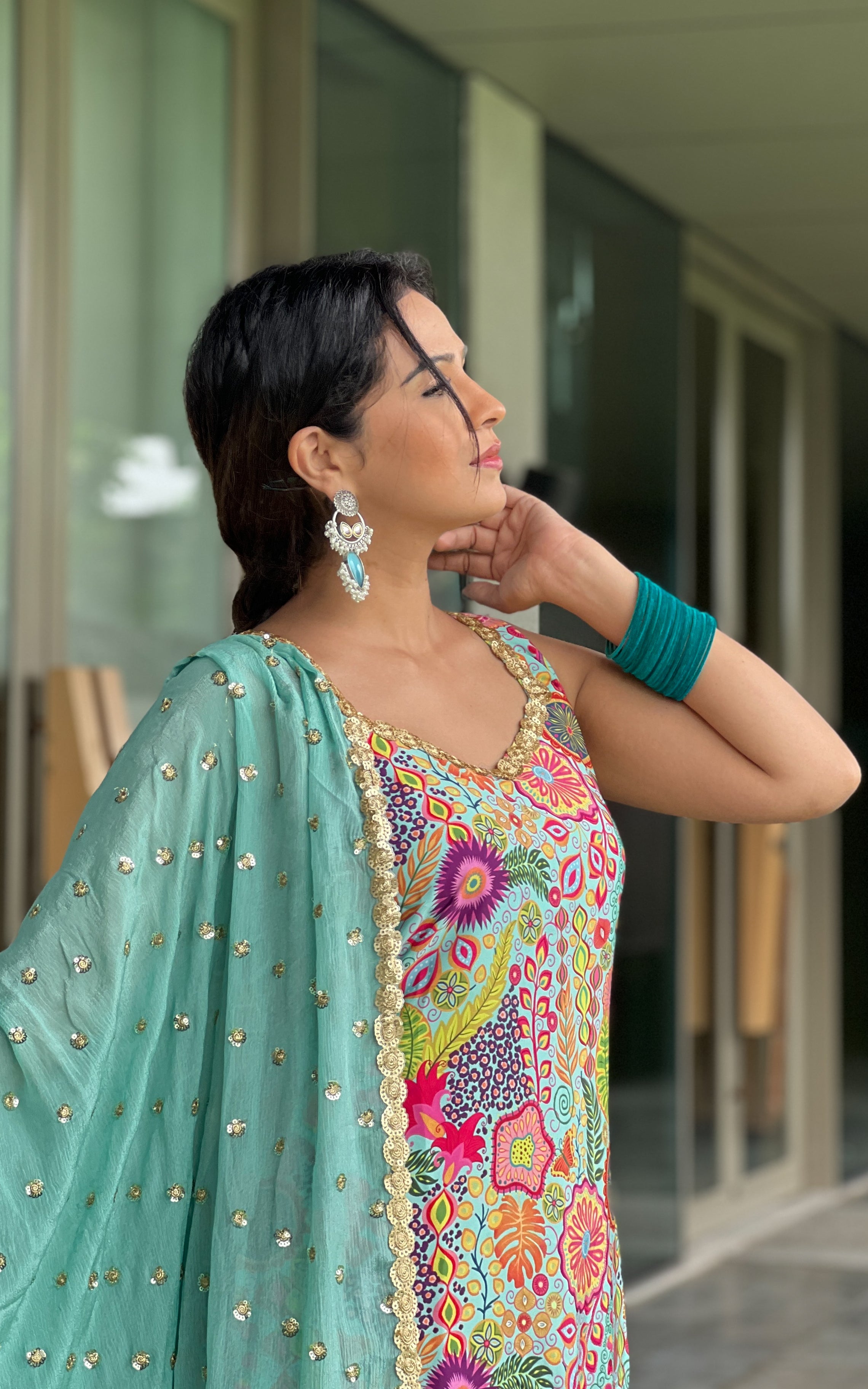 Fenil Umrigar Turquoise Kitschy Printed Crepe Sharara Set