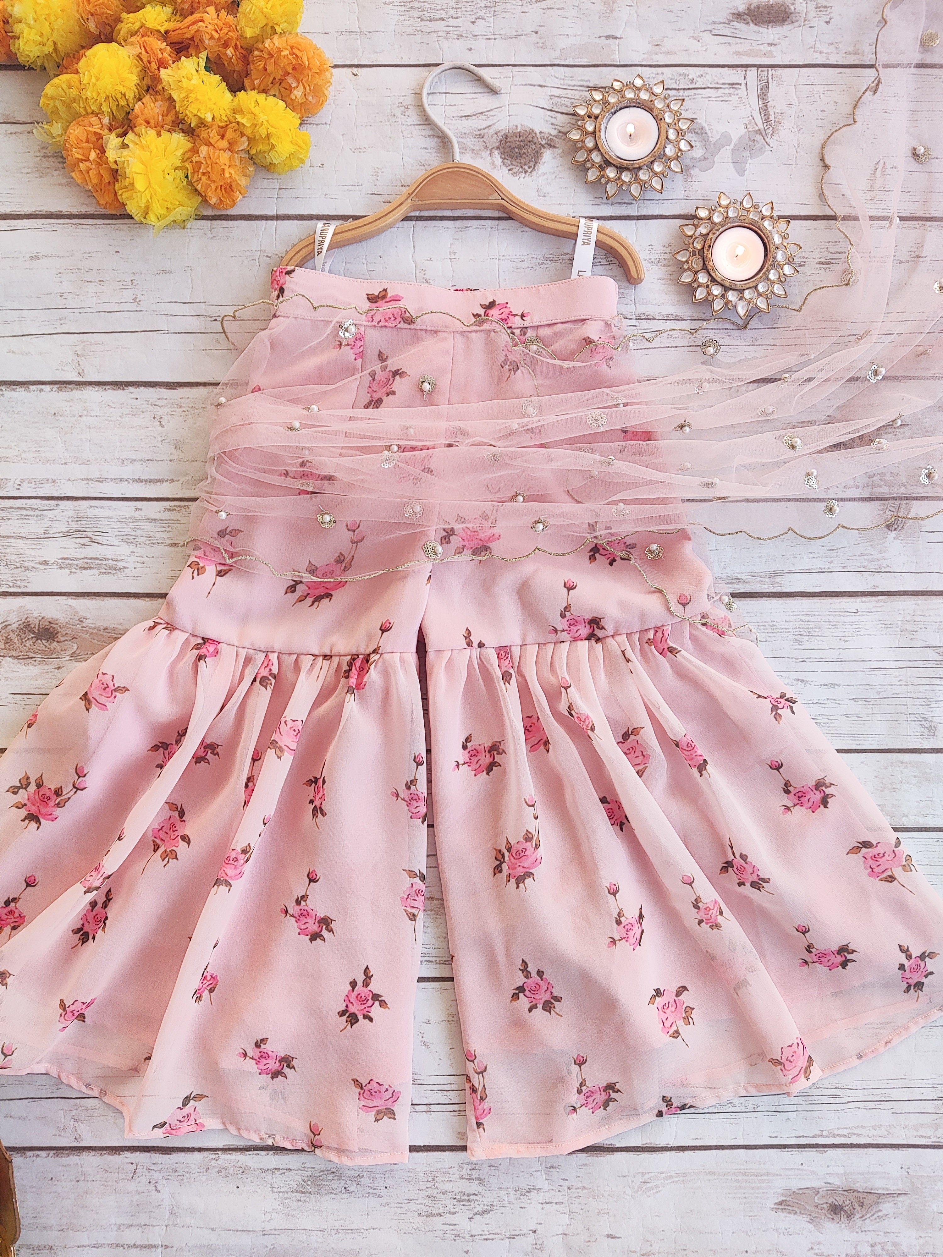 Desert Rose Crop-top Sharara Saree For Kids