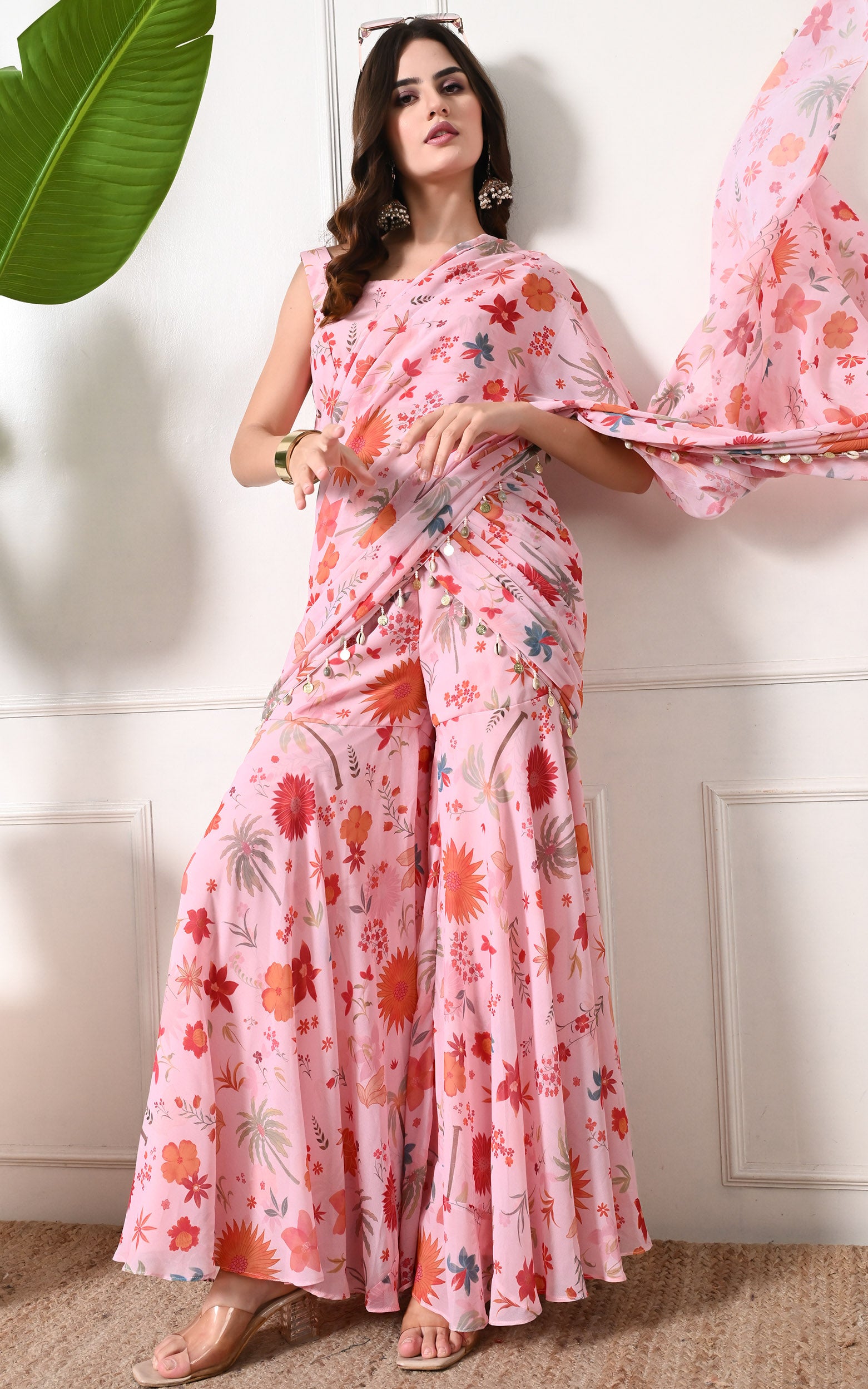 Pink Tropical Print Sharara Saree