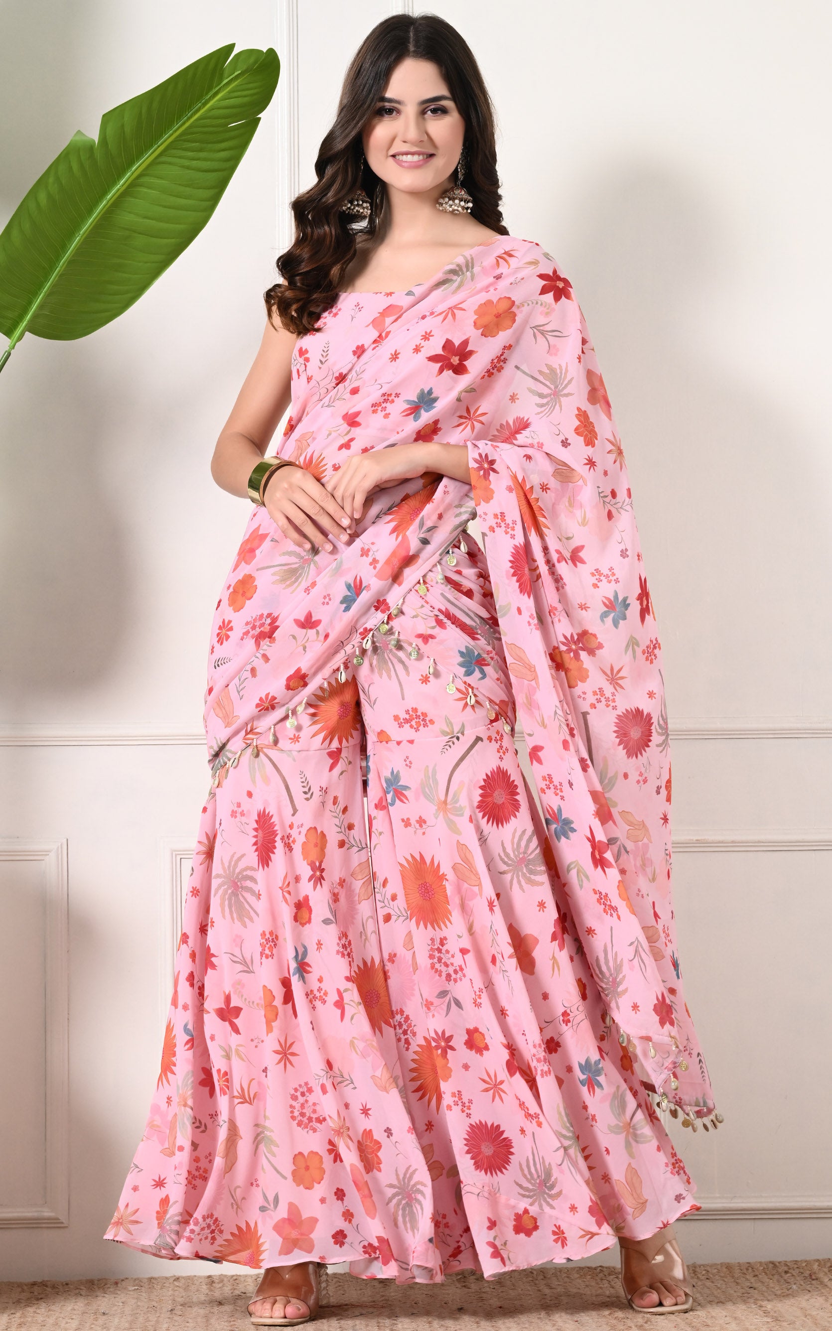 Pink Tropical Print Sharara Saree