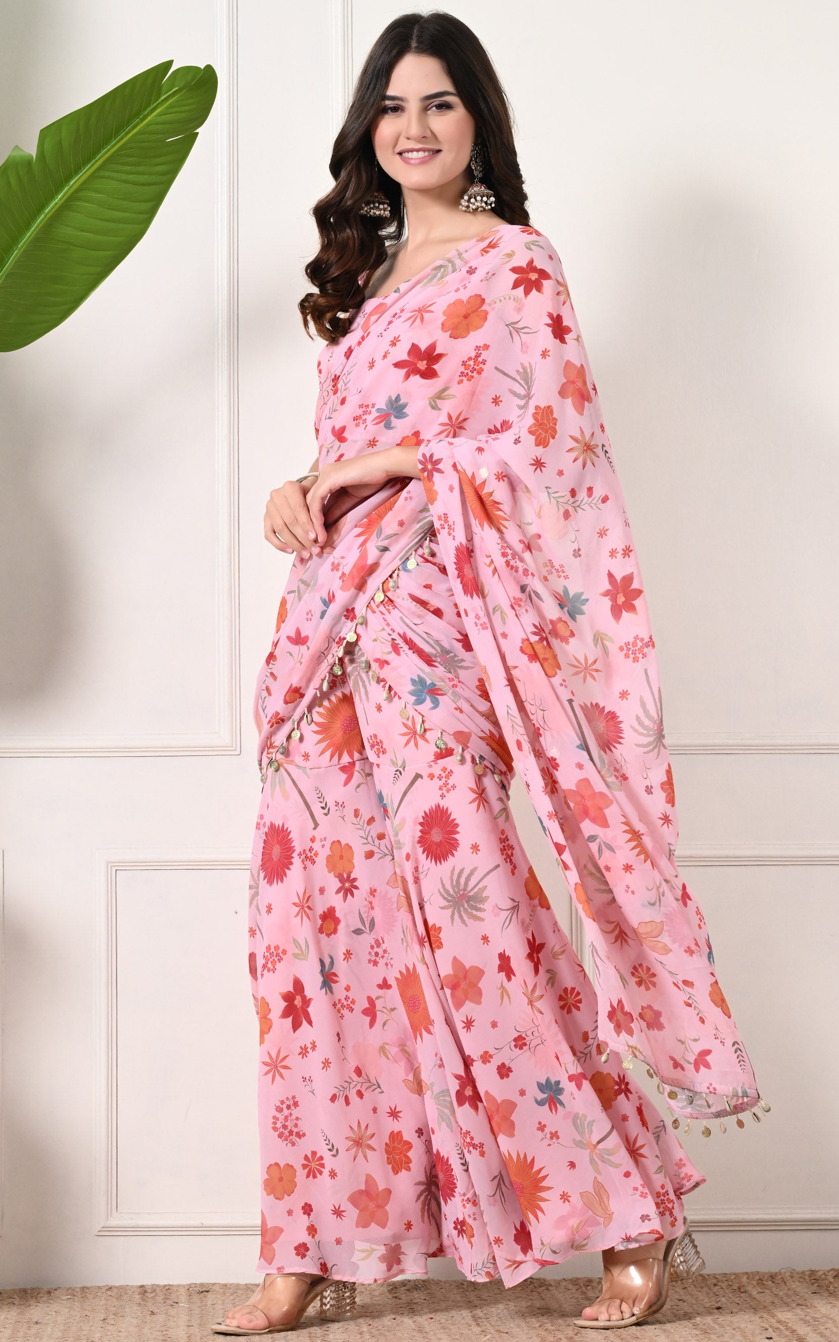 Pink Tropical Print Sharara Saree