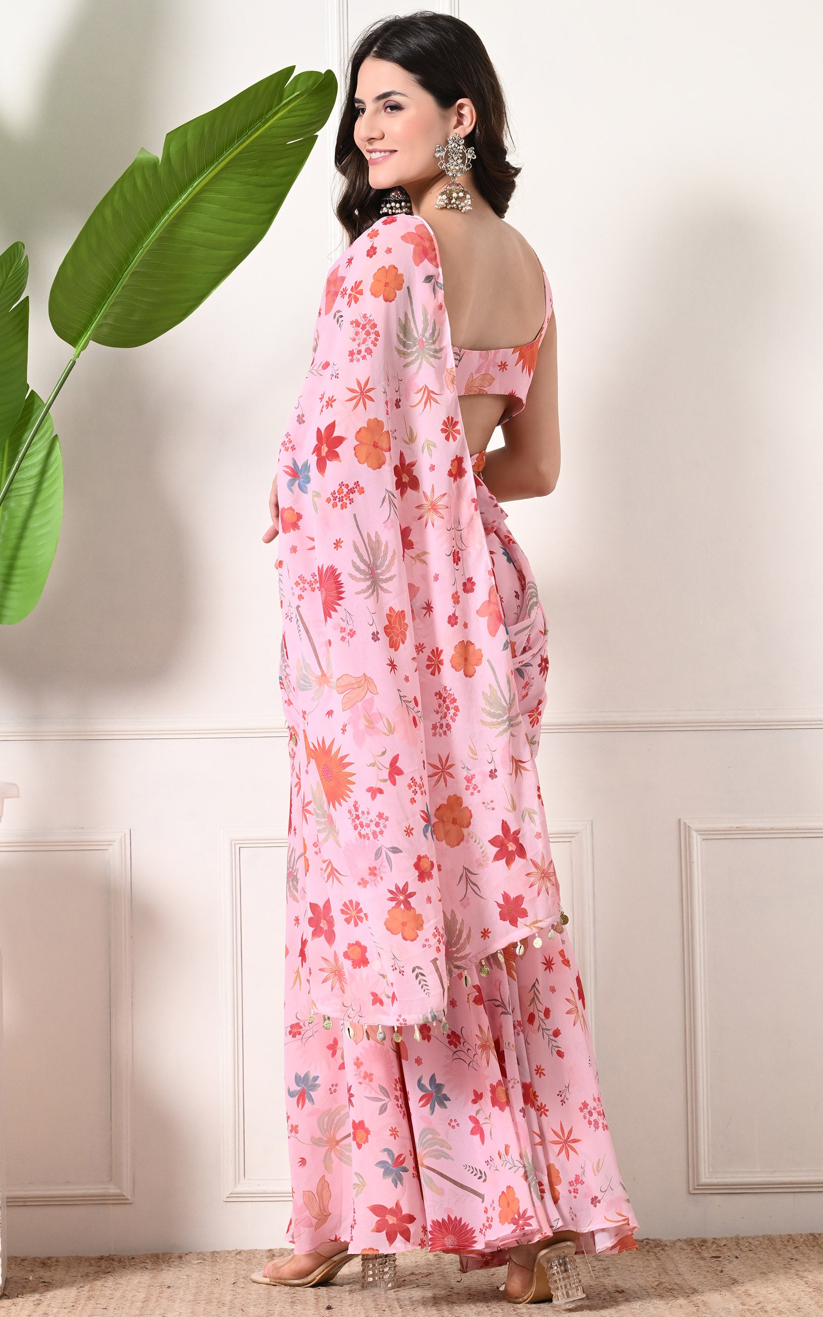 Pink Tropical Print Sharara Saree