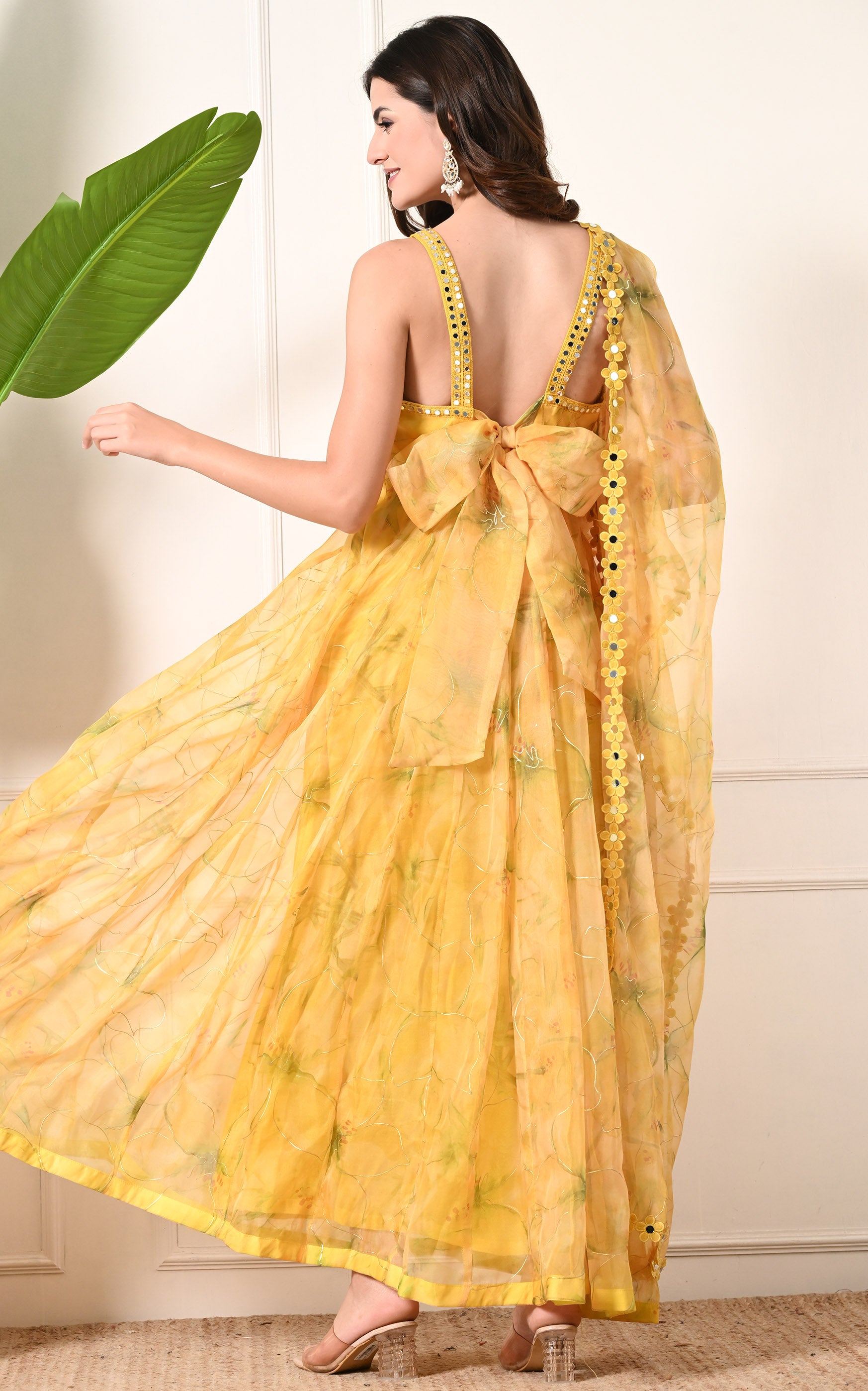 Yellow Floral Handpainted Organza Mirrorwork Anarkali