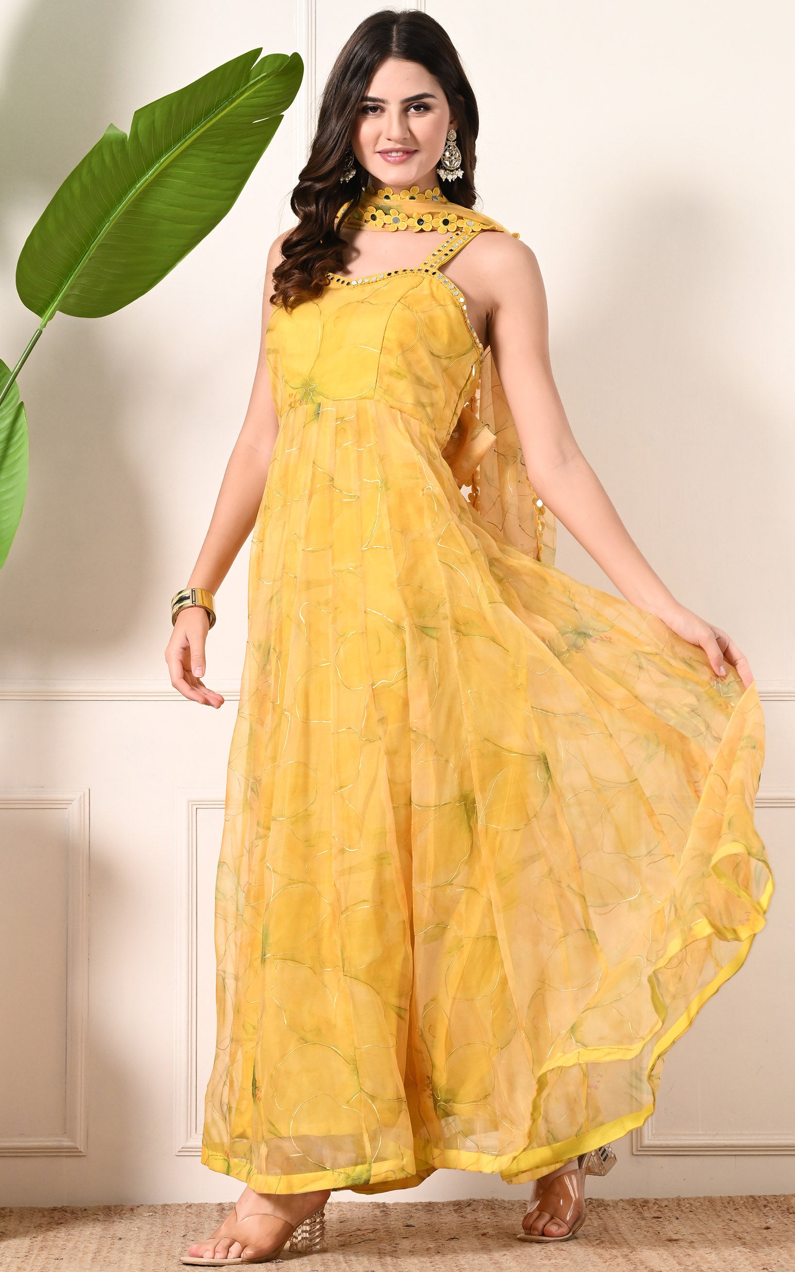 Yellow Floral Handpainted Organza Mirrorwork Anarkali