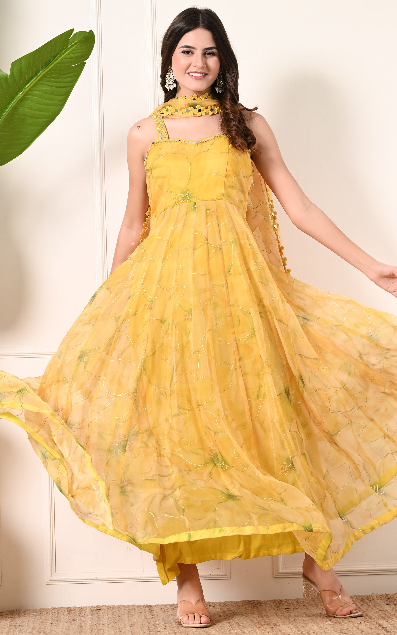 Yellow Floral Handpainted Organza Mirrorwork Anarkali