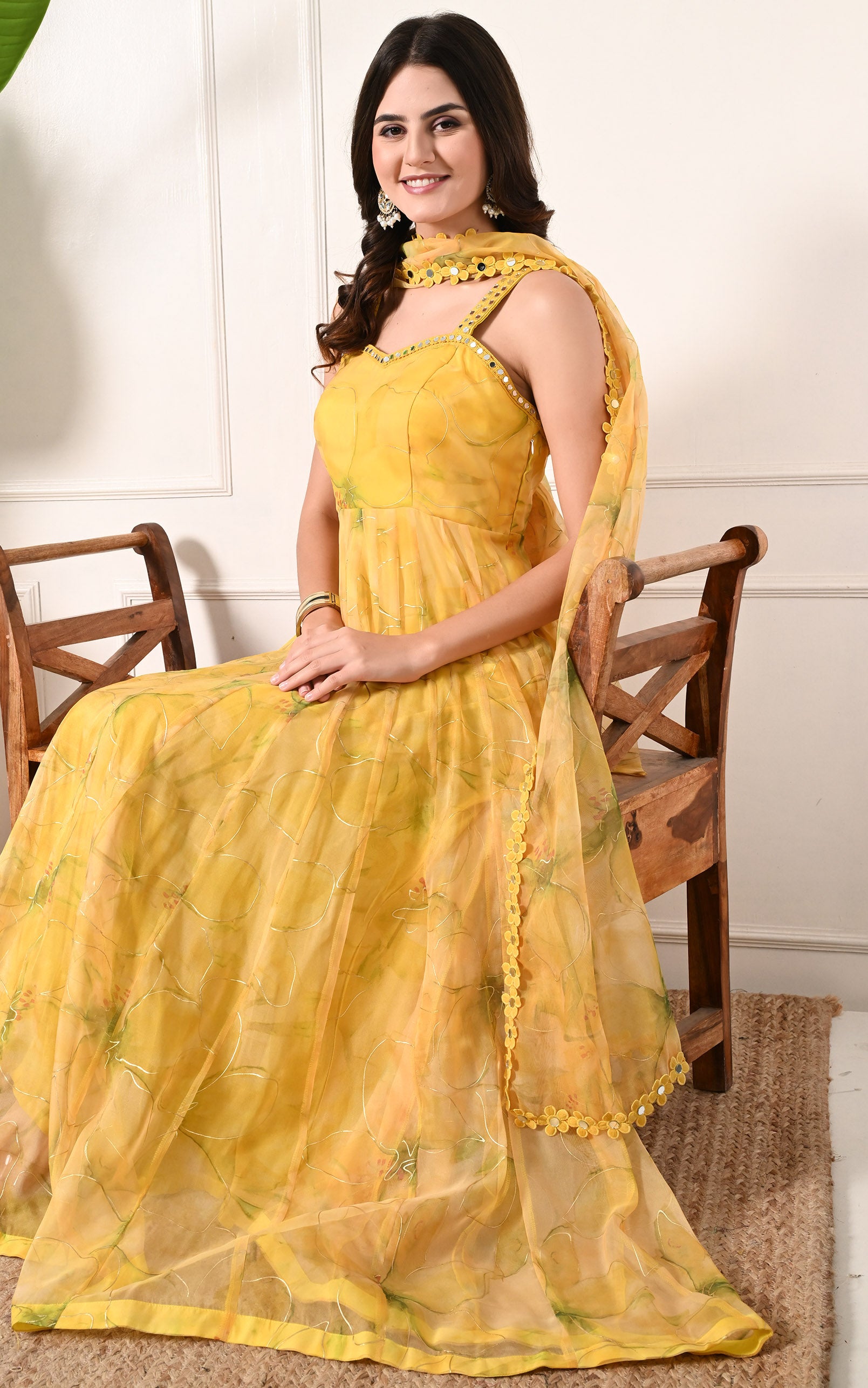 Yellow Floral Handpainted Organza Mirrorwork Anarkali