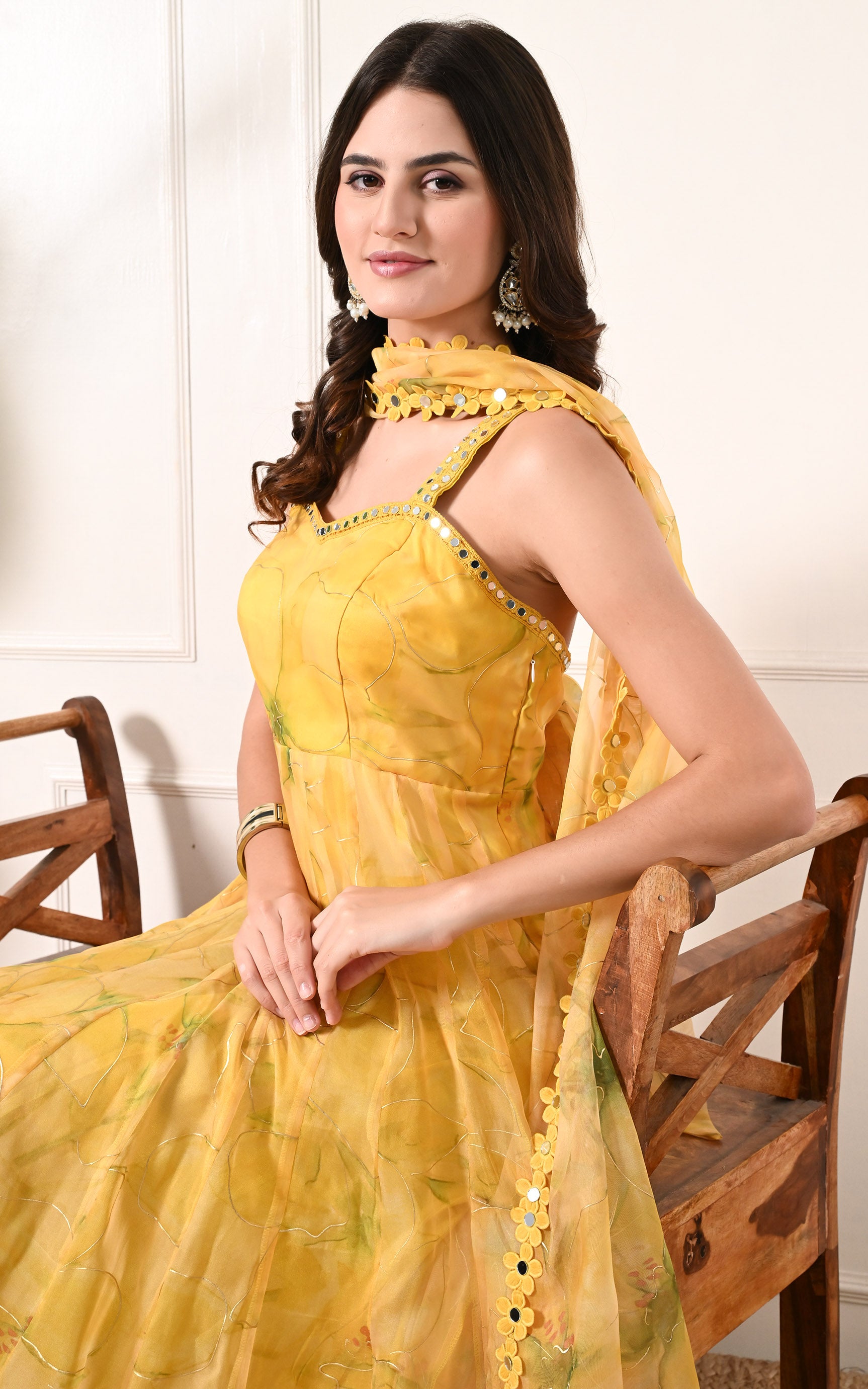 Yellow Floral Handpainted Organza Mirrorwork Anarkali