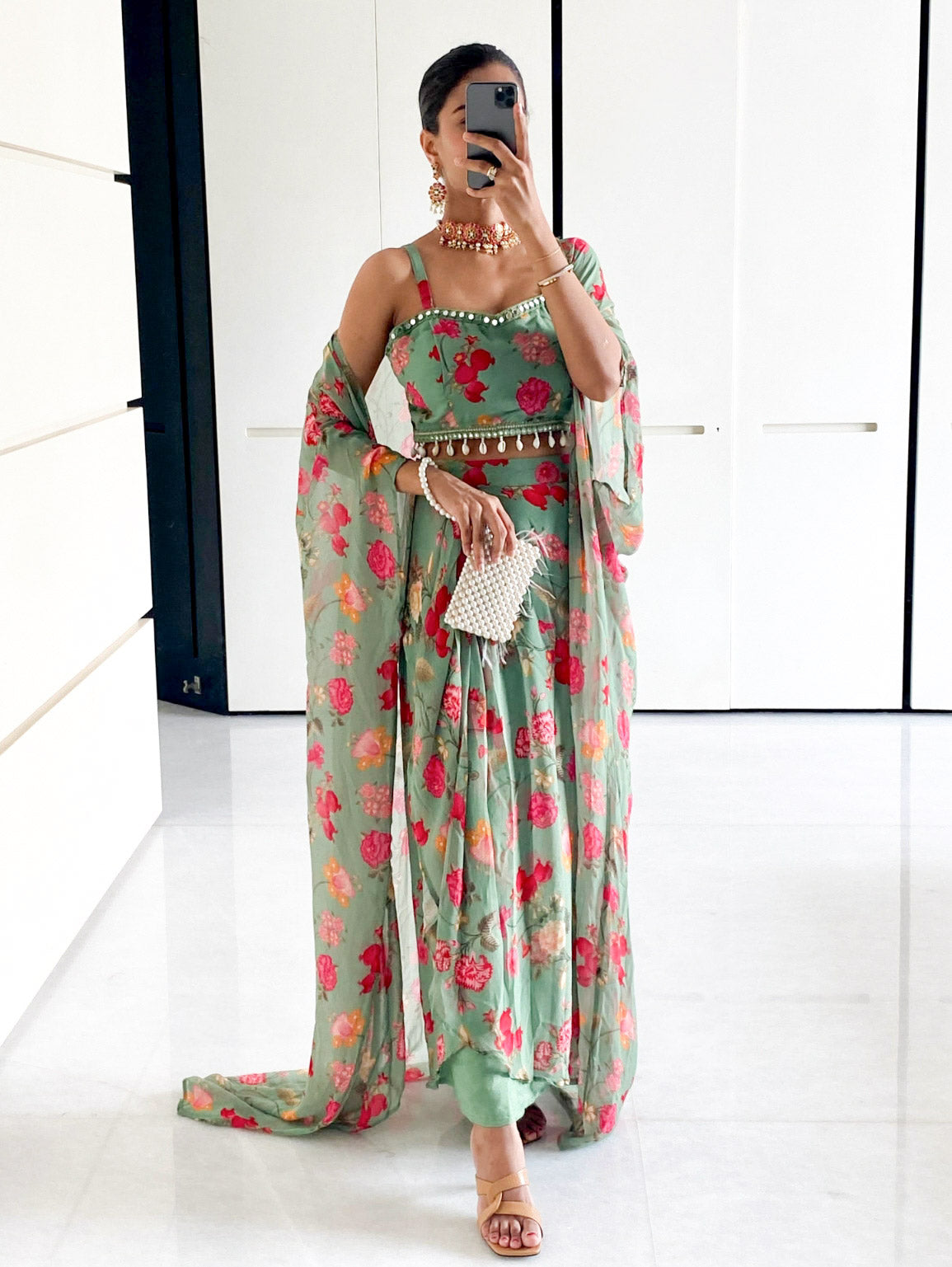 Sonal Forest Green Georgette Crop Top & Draped Skirt Co-ord Set