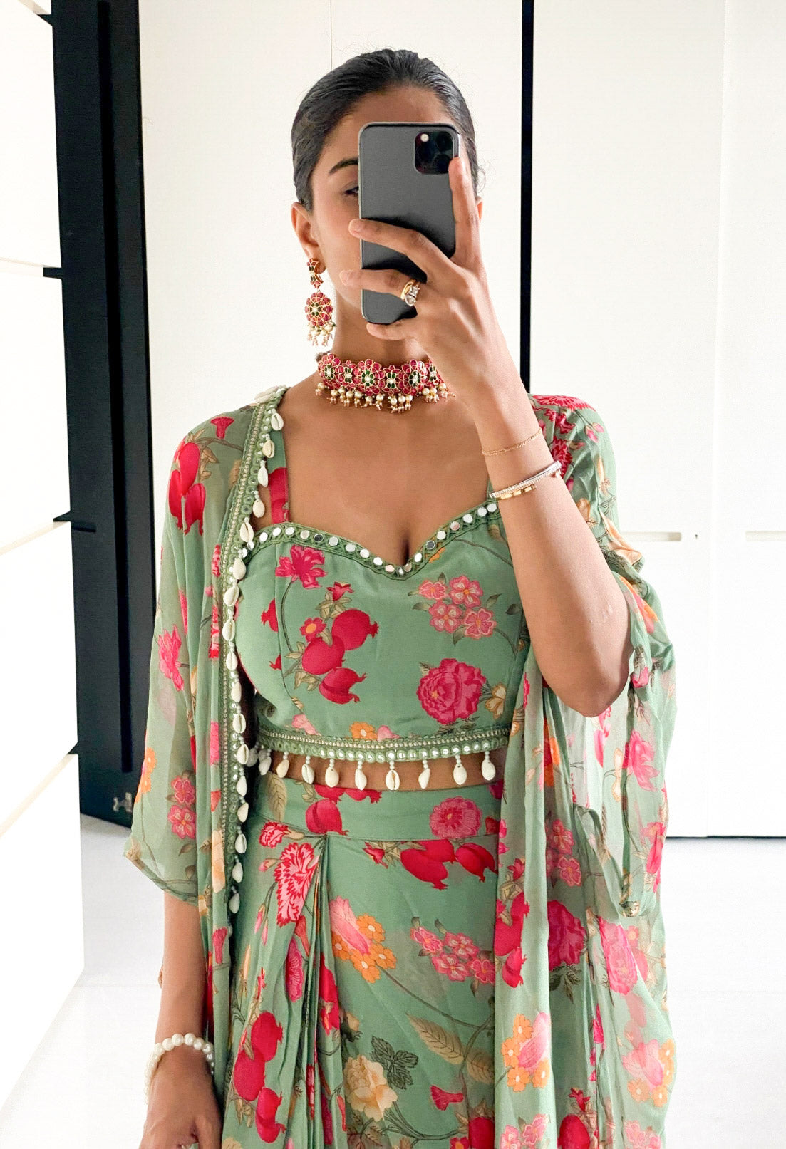 Sonal Forest Green Georgette Crop Top & Draped Skirt Co-ord Set