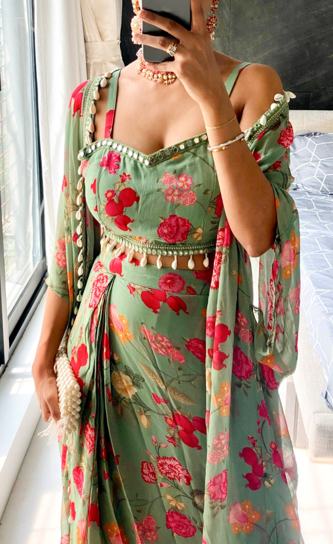 Sonal Forest Green Georgette Crop Top & Draped Skirt Co-ord Set