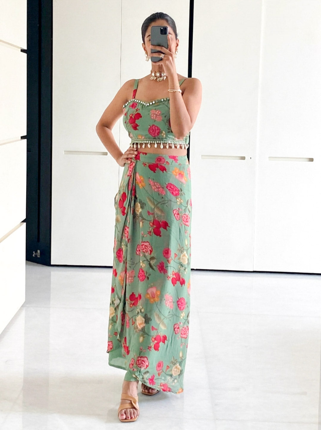 Sonal Forest Green Georgette Crop Top & Draped Skirt Co-ord Set