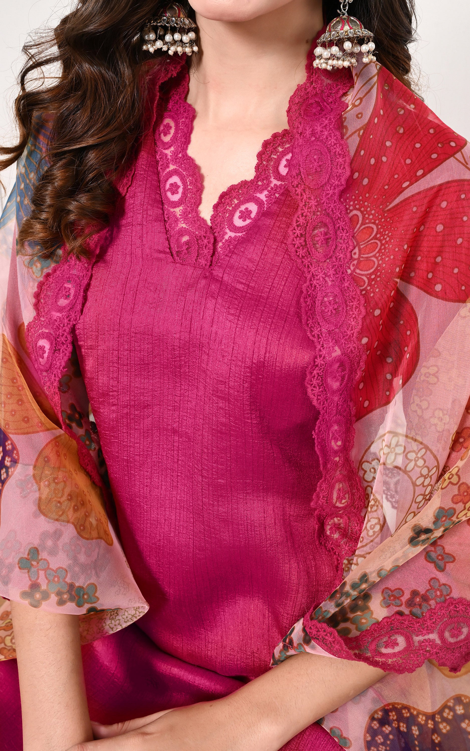 Pink Lace-work Kurta Set with Organza Dupatta