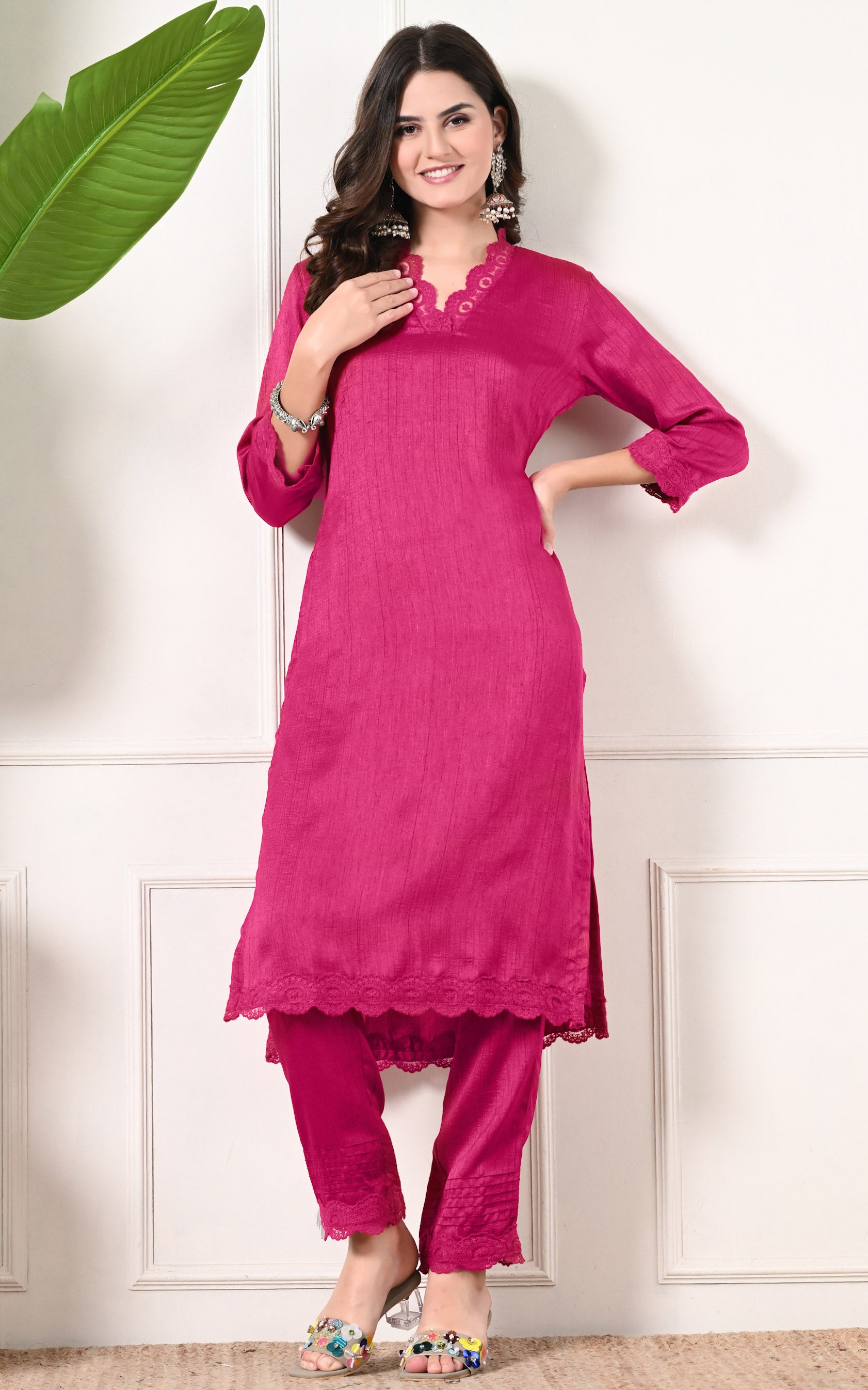 Pink Lace-work Kurta Set with Organza Dupatta