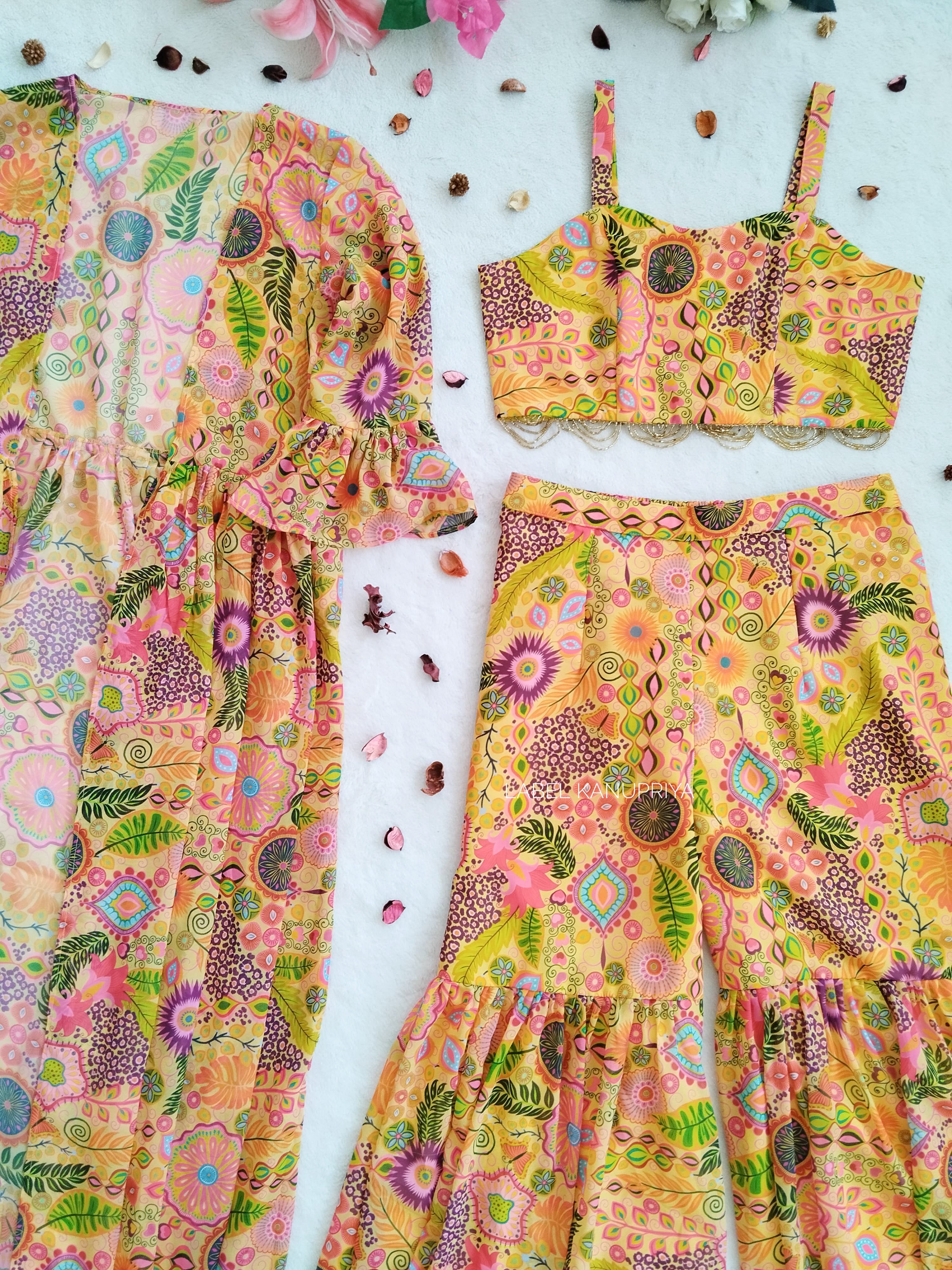 Yellow Colorful Printed Crop-Top & Sharara Set