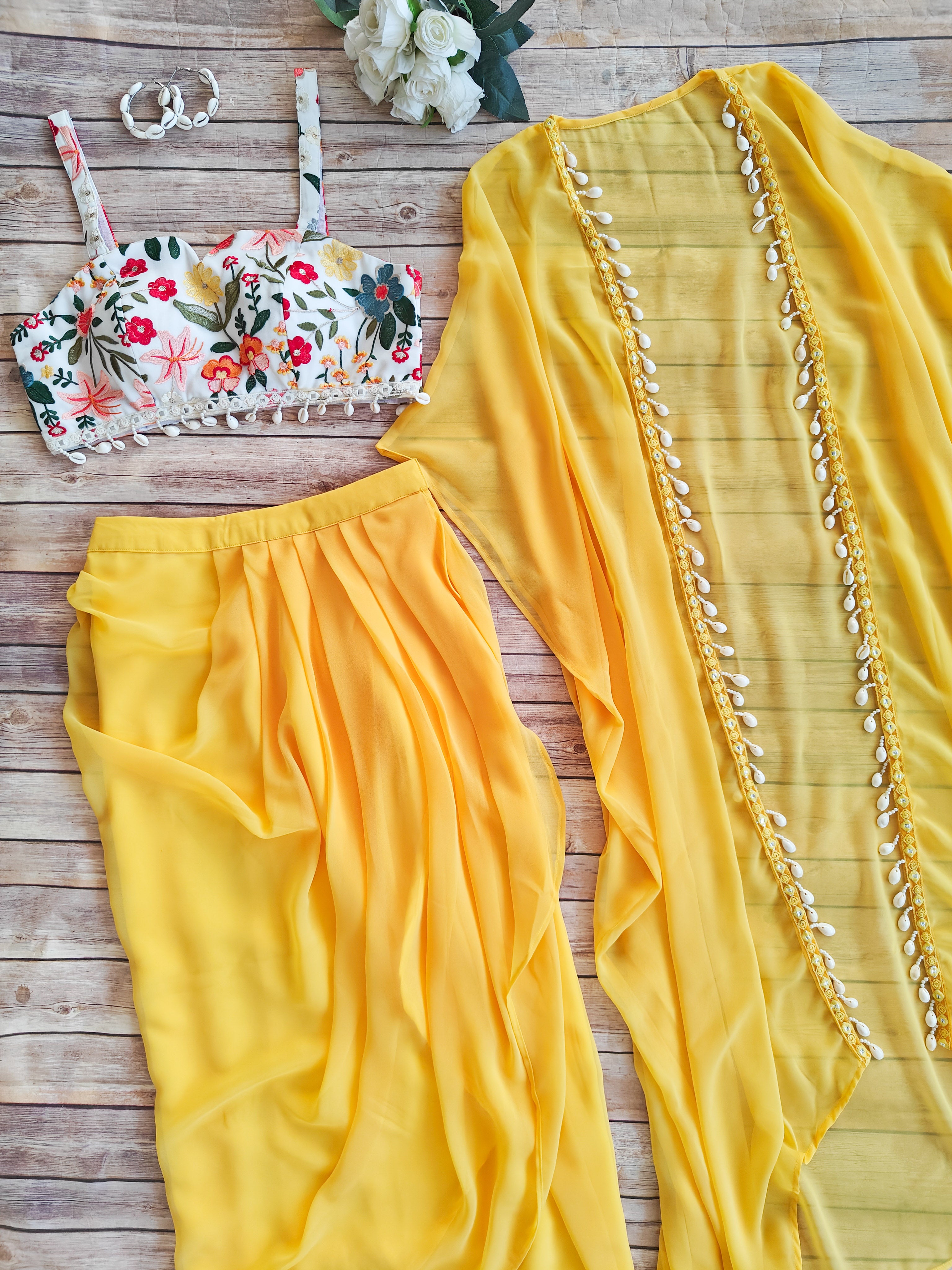 Yellow Embroidered Crop-Top & Draped Skirt Co-ord Set