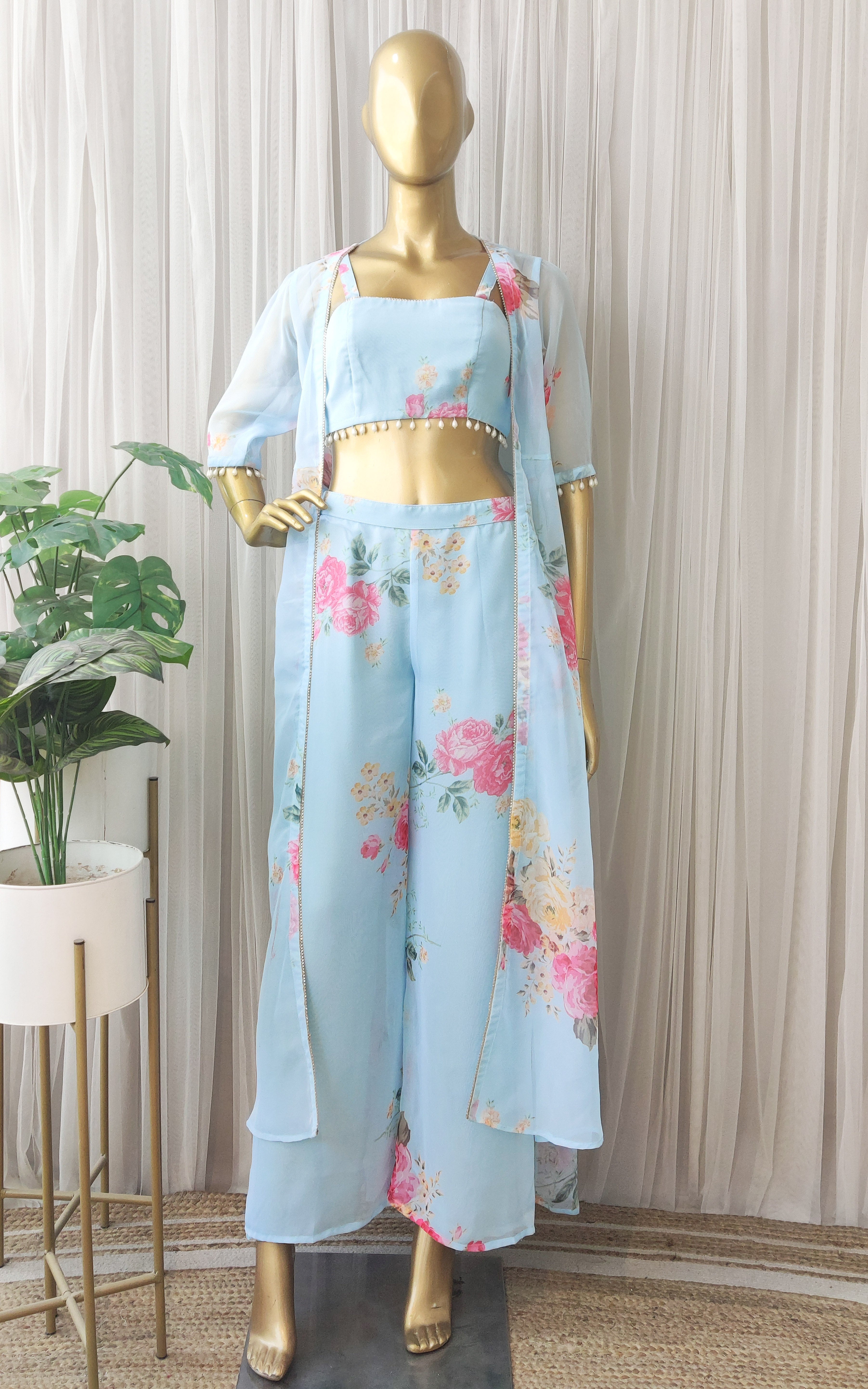 Sky Blue Floral Crop Top & Pant Co-ord Set
