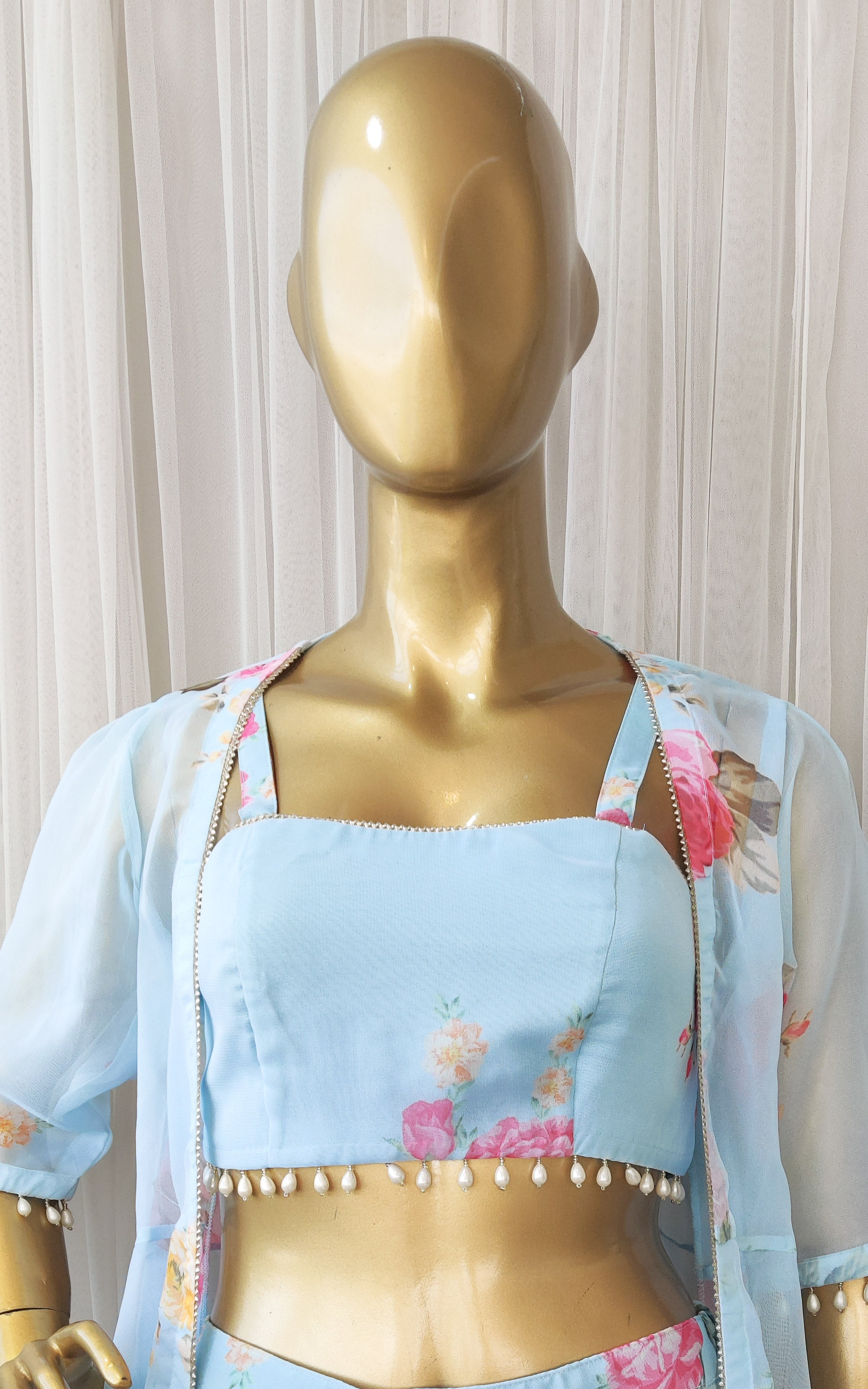 Sky Blue Floral Crop Top & Pant Co-ord Set