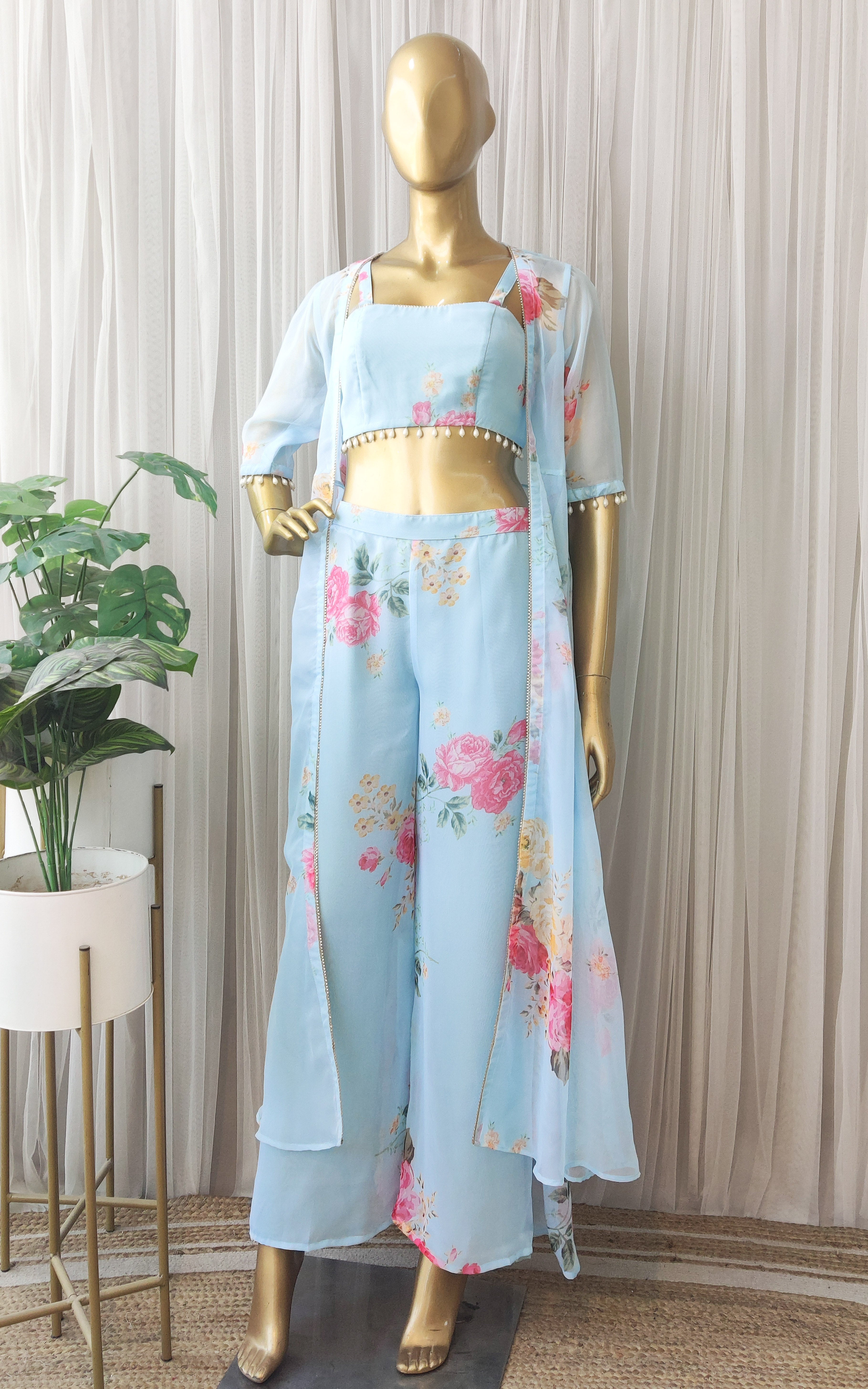 Sky Blue Floral Crop Top & Pant Co-ord Set