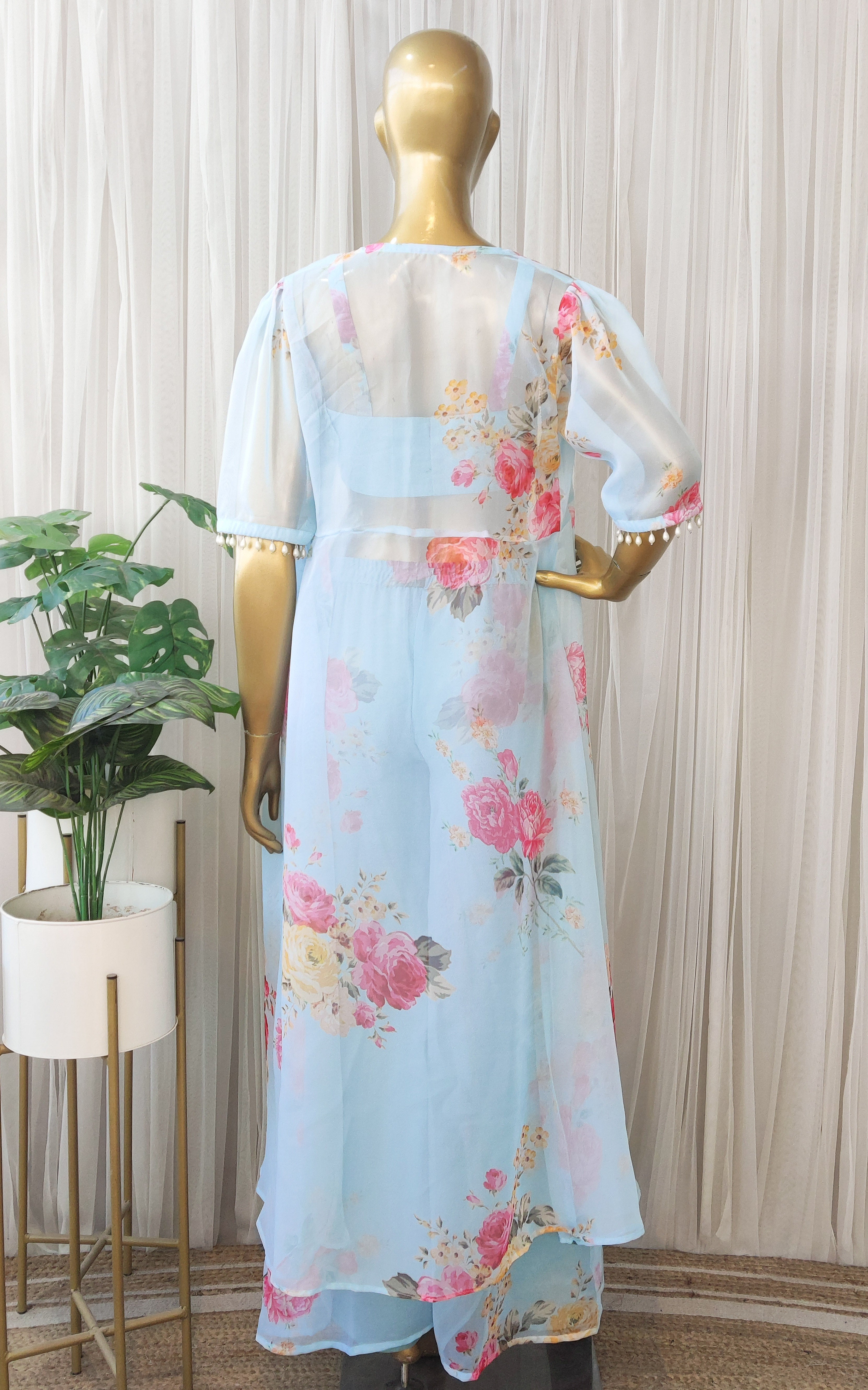 Sky Blue Floral Crop Top & Pant Co-ord Set