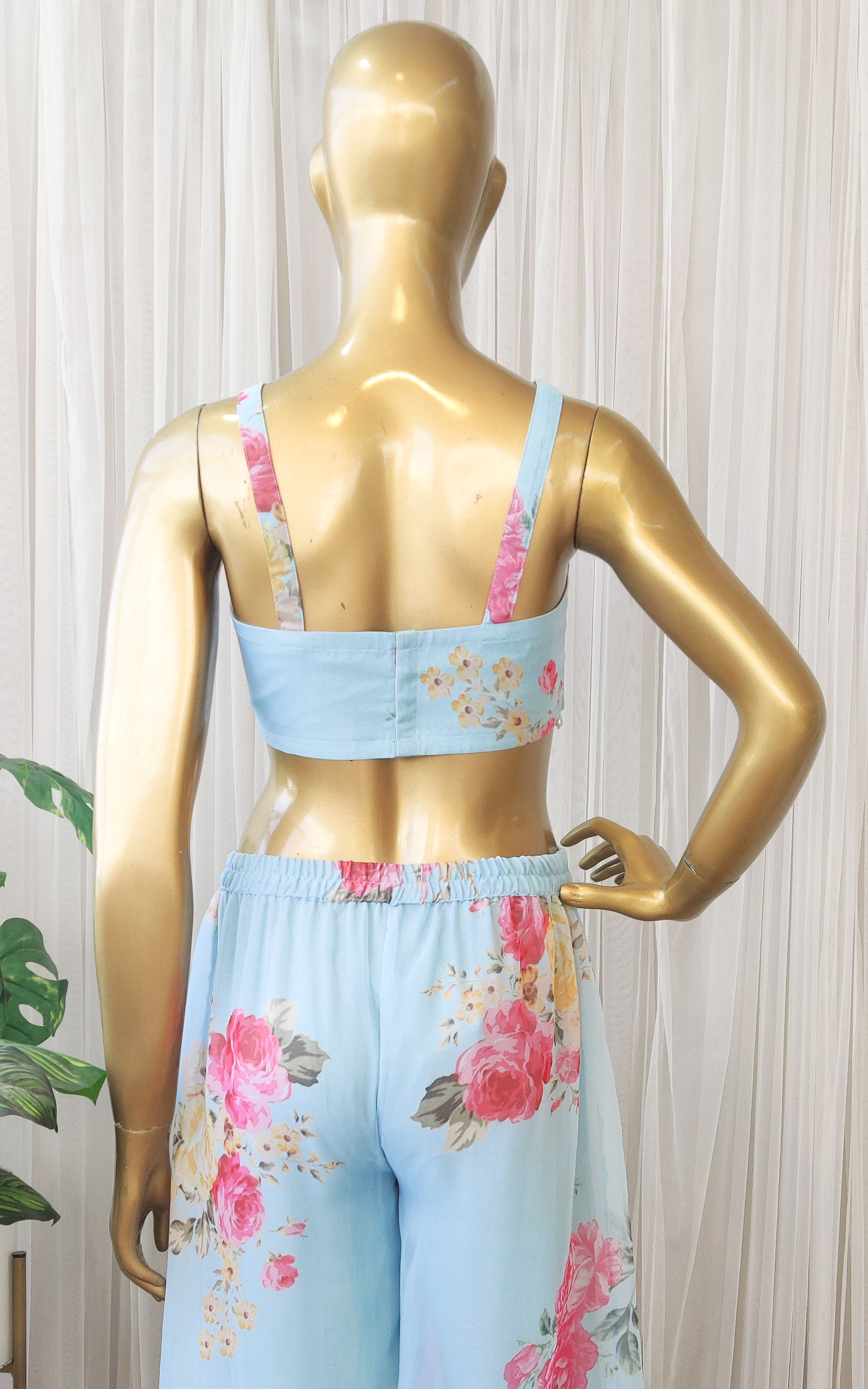 Sky Blue Floral Crop Top & Pant Co-ord Set