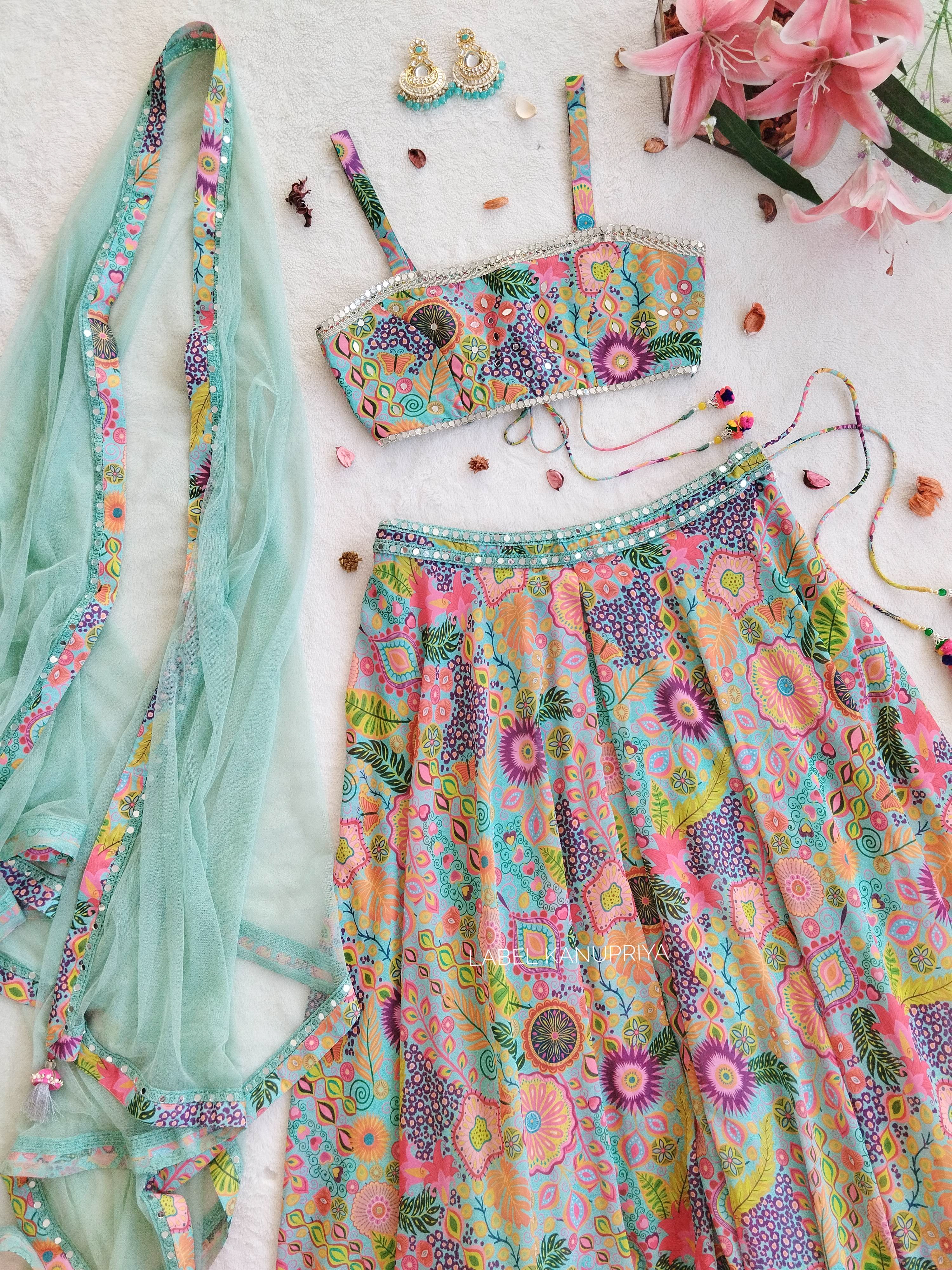 Sea Green Kitschy Print Mirrorwork Lehenga