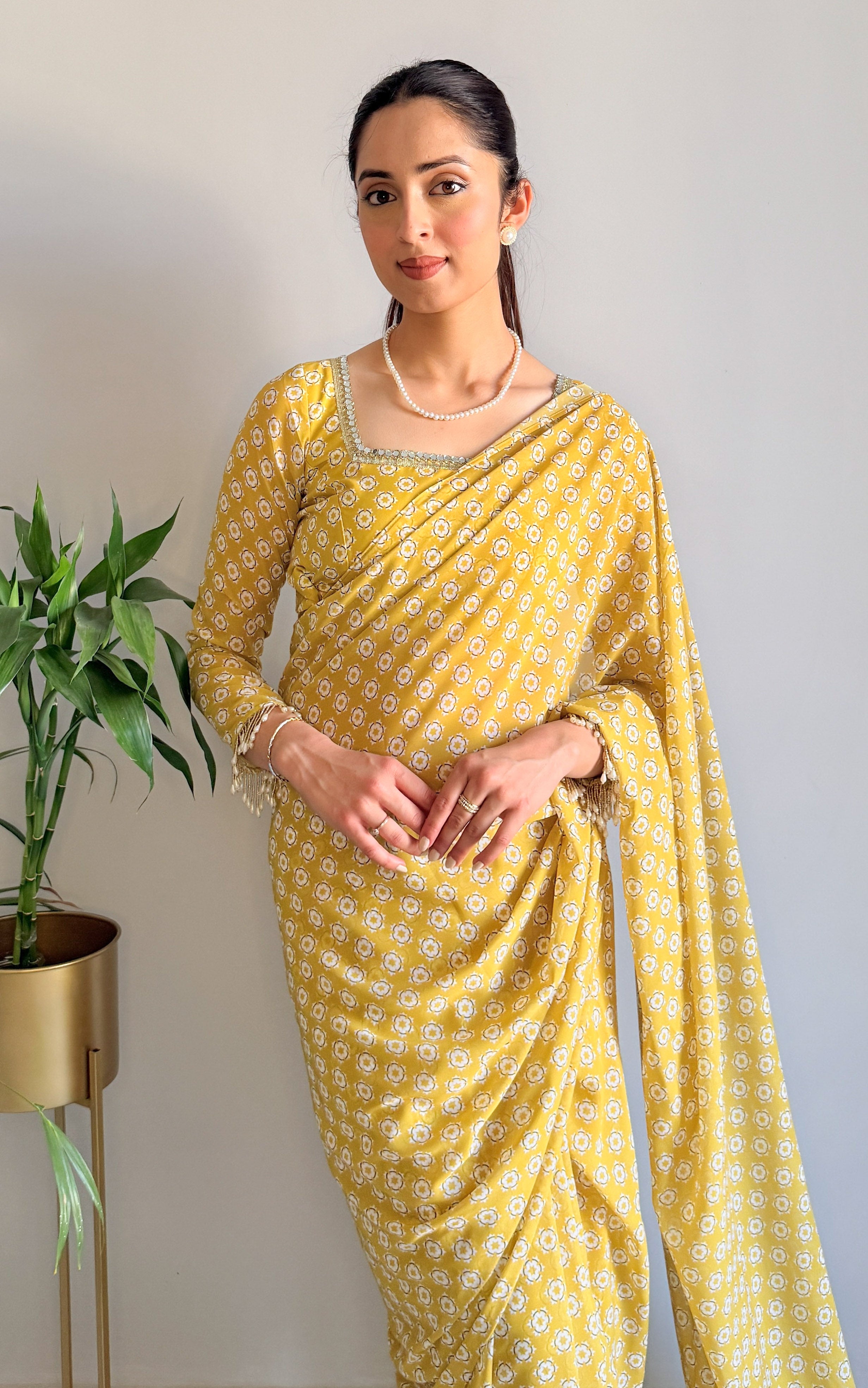 Lime Starry Mirror and Pearl Detail Stitched Saree