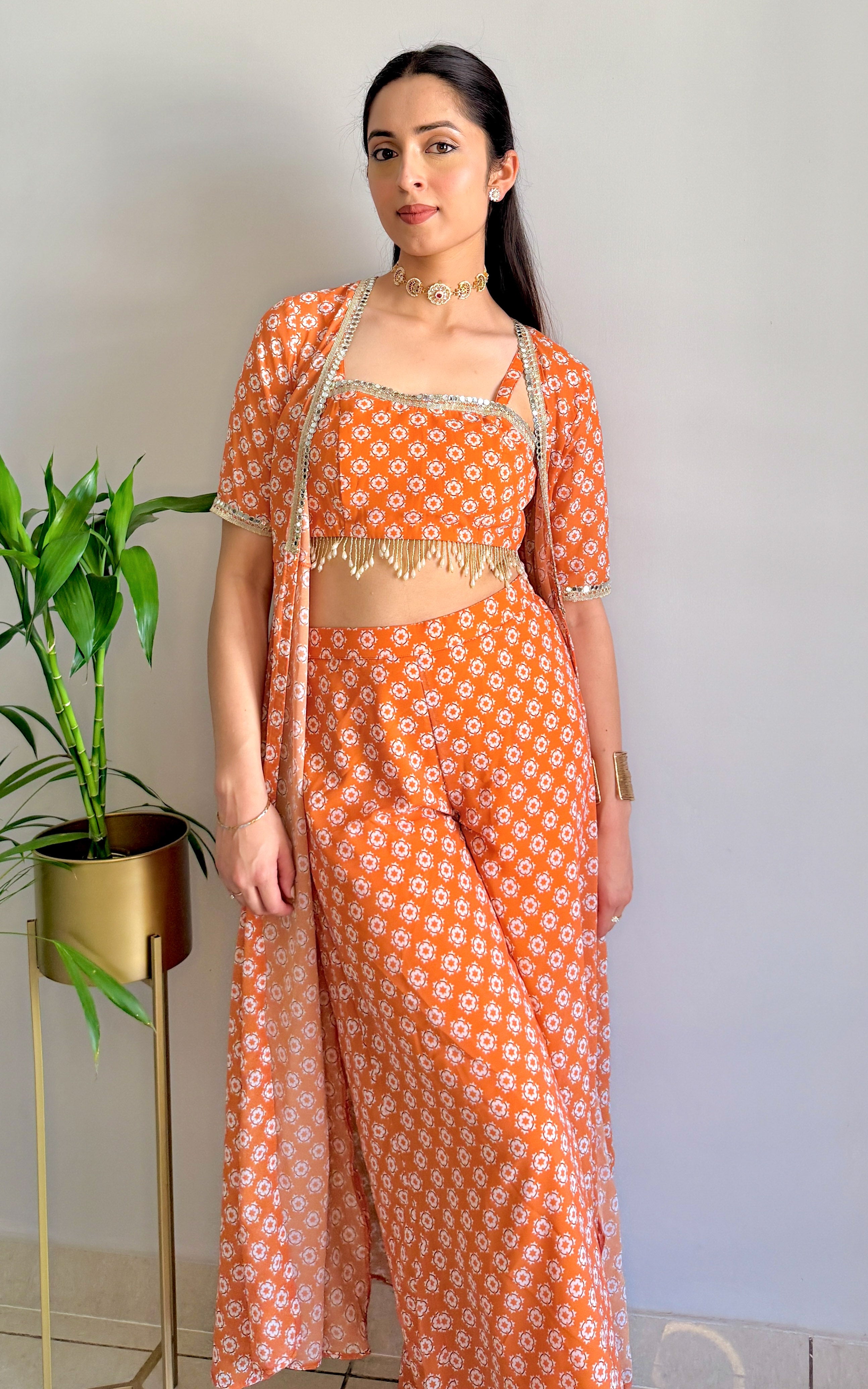 Burnt Orange Printed Mirrorwork Crop Top Jacket Set