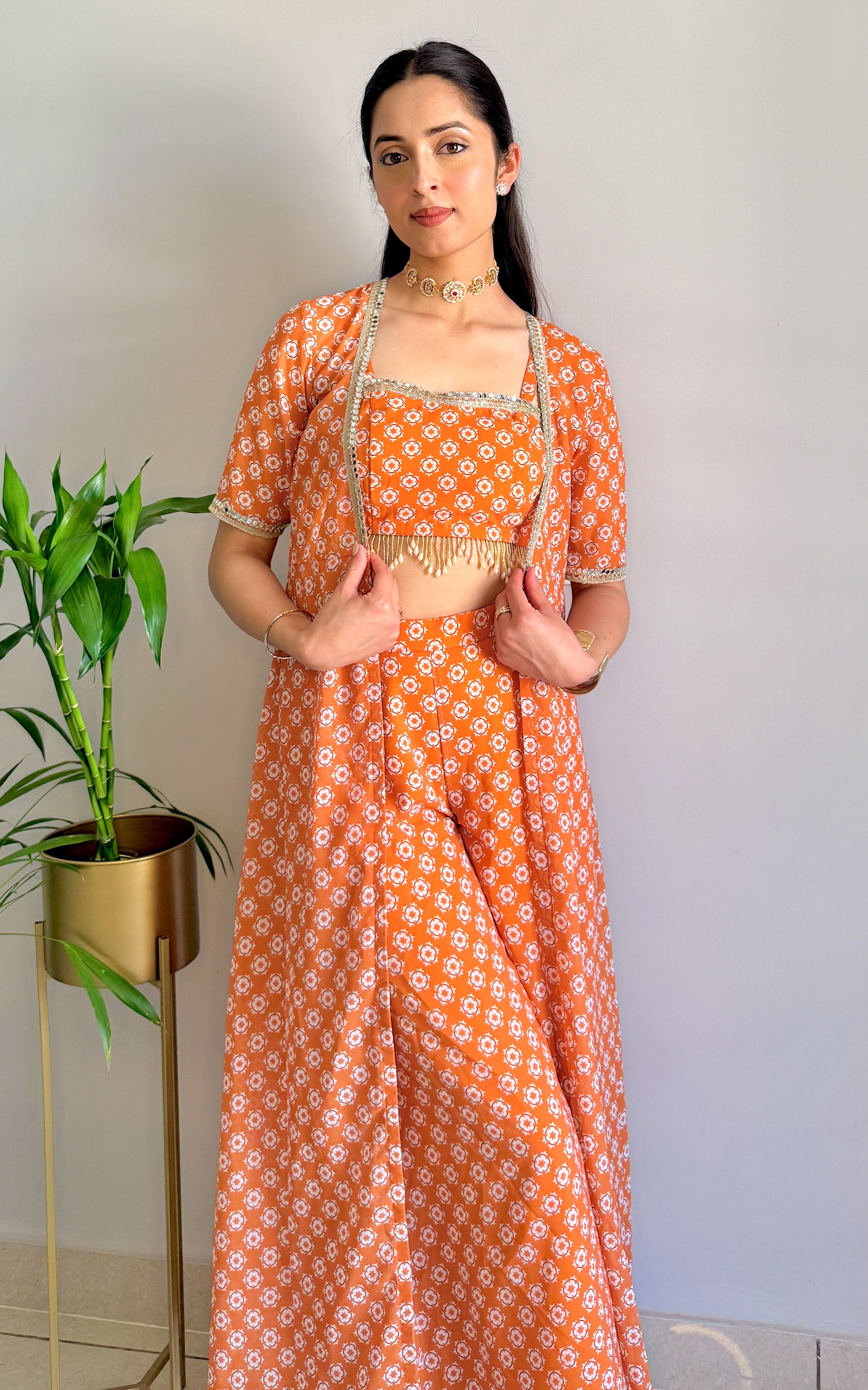 Burnt Orange Printed Mirrorwork Crop Top Jacket Set