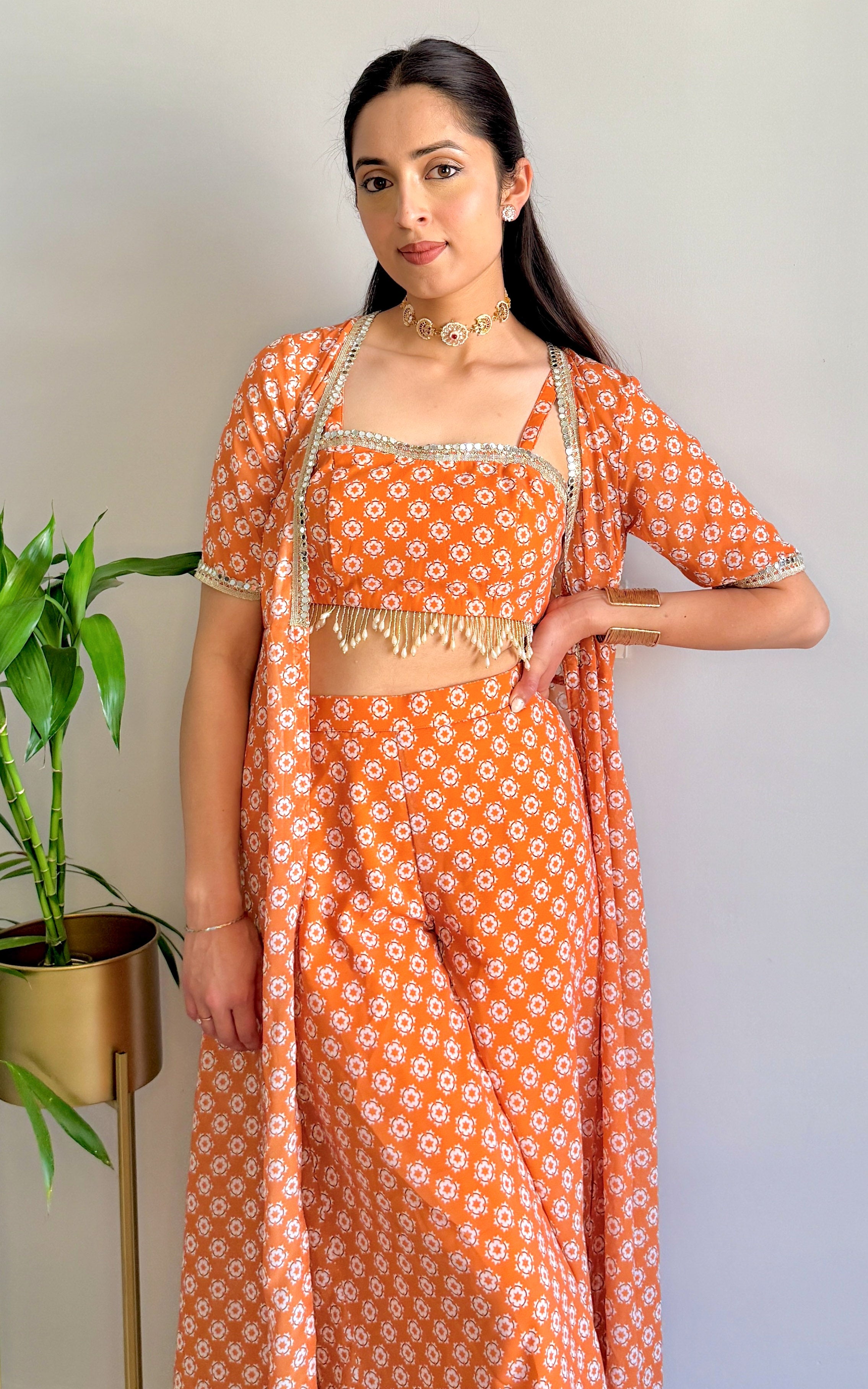 Burnt Orange Printed Mirrorwork Crop Top Jacket Set