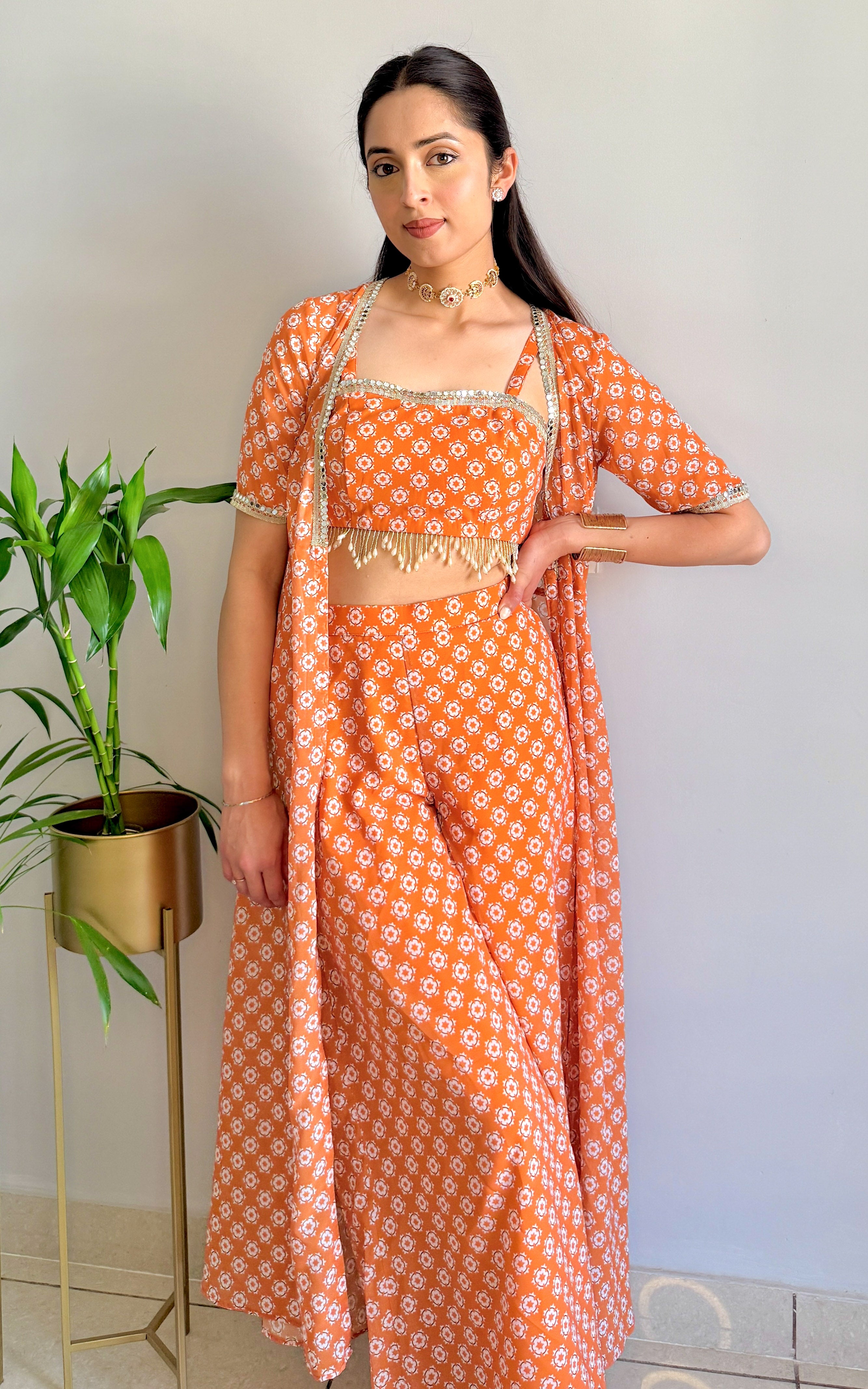 Burnt Orange Printed Mirrorwork Crop Top Jacket Set