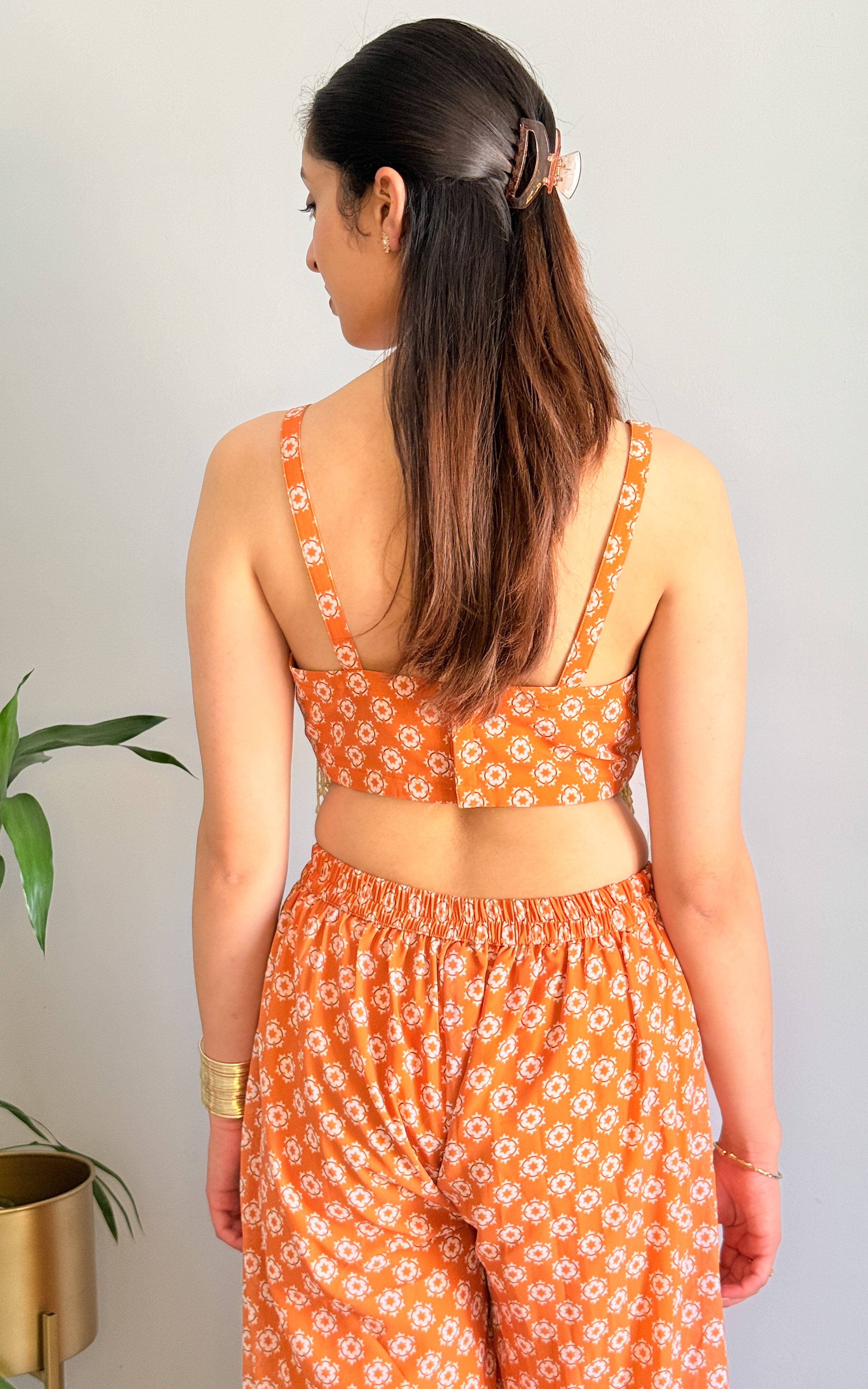 Burnt Orange Printed Mirrorwork Crop Top Jacket Set