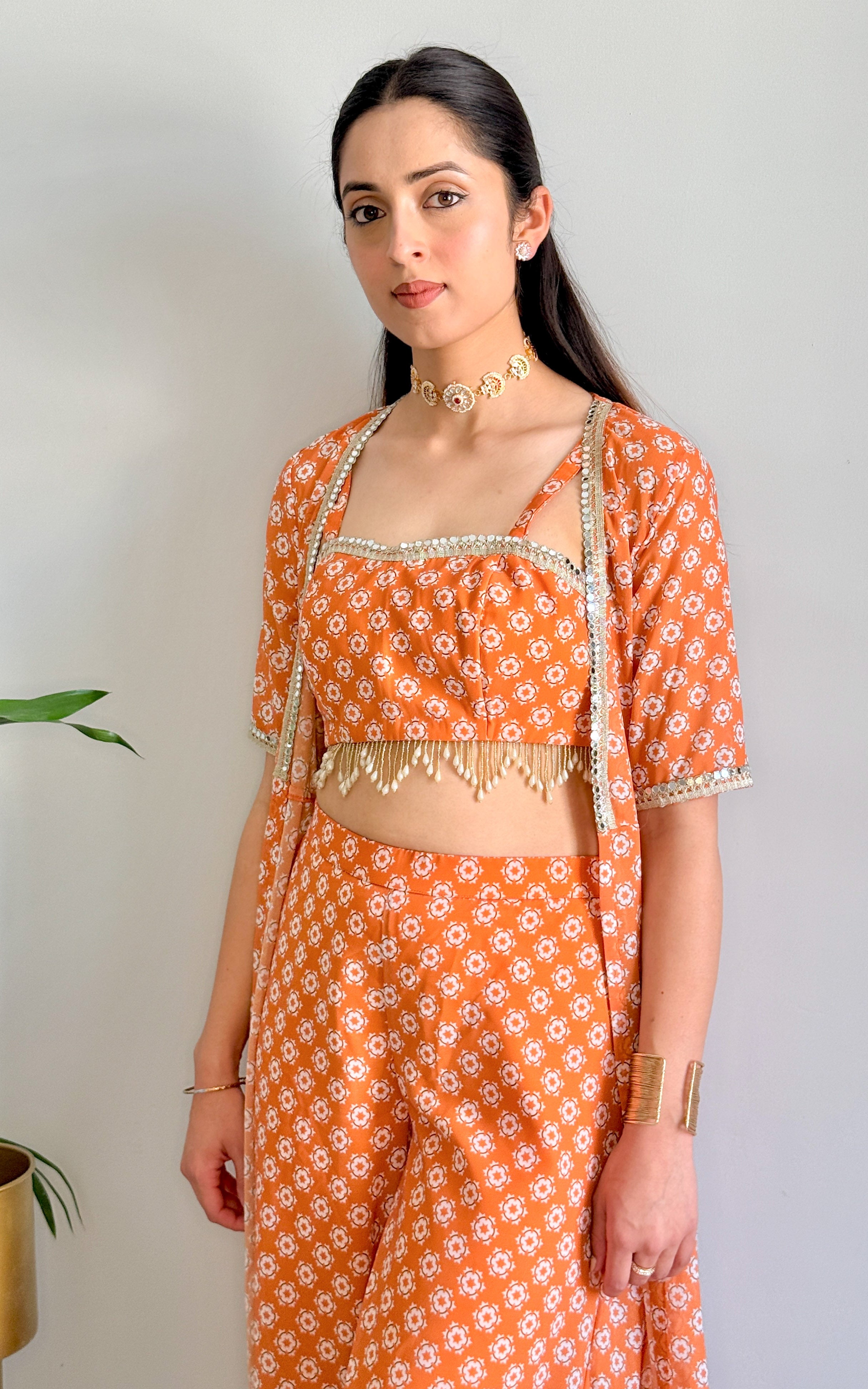 Burnt Orange Printed Mirrorwork Crop Top Jacket Set